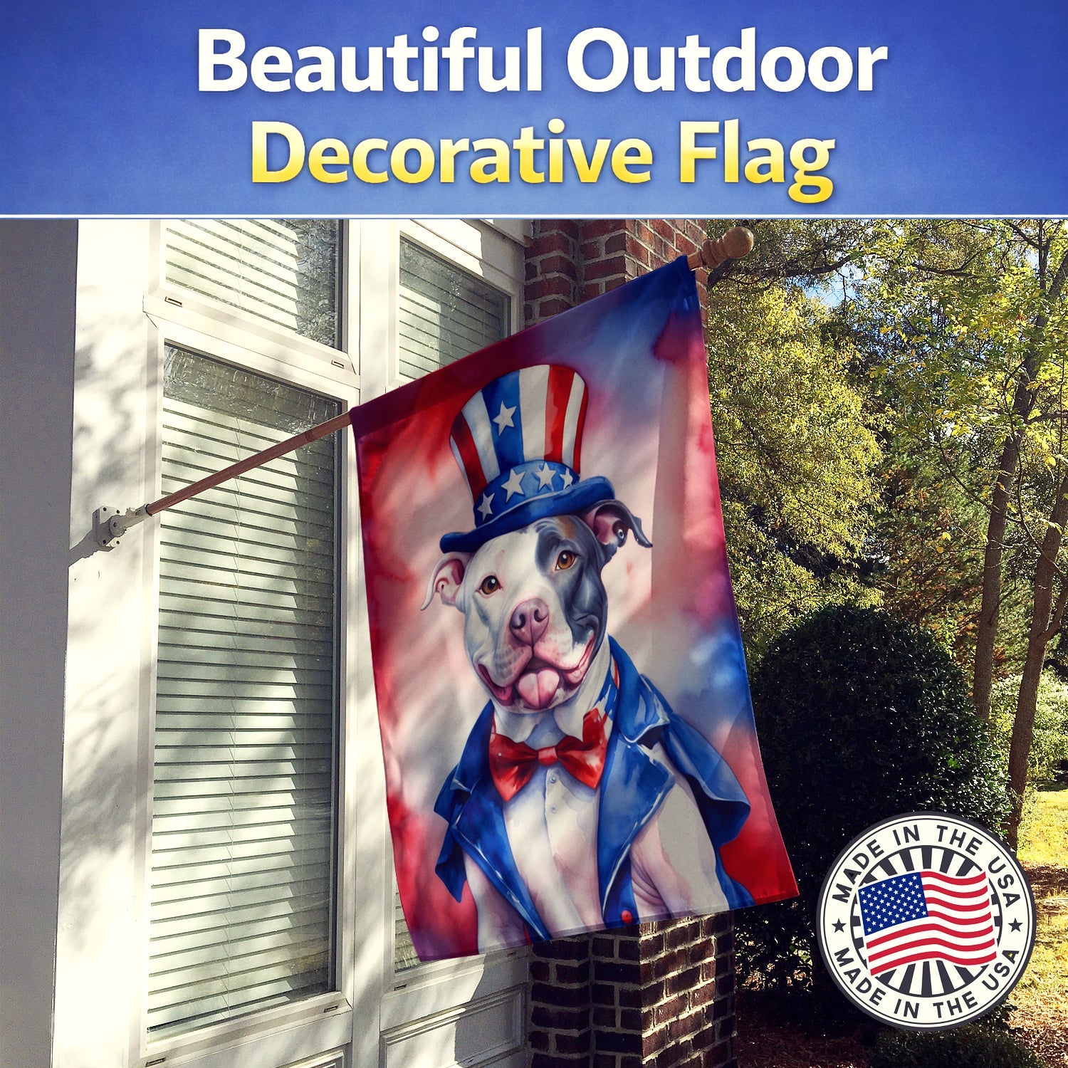 Pit Bull Terrier Patriotic American House Flag 28x40 Porch Sleeve Pole Decorative Outside Yard Banner Artwork Wall Hanging, Polyester