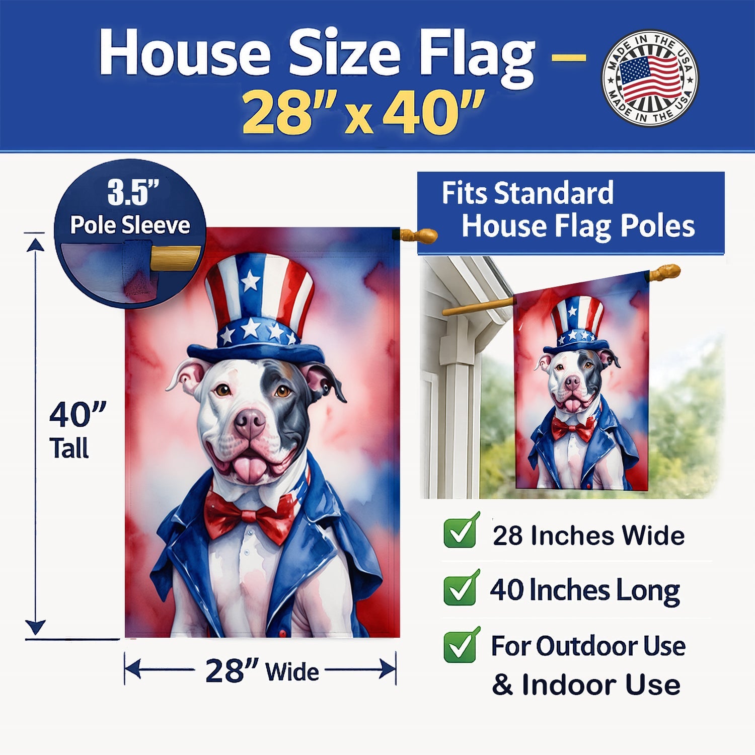 Pit Bull Terrier Patriotic American House Flag 28x40 Porch Sleeve Pole Decorative Outside Yard Banner Artwork Wall Hanging, Polyester