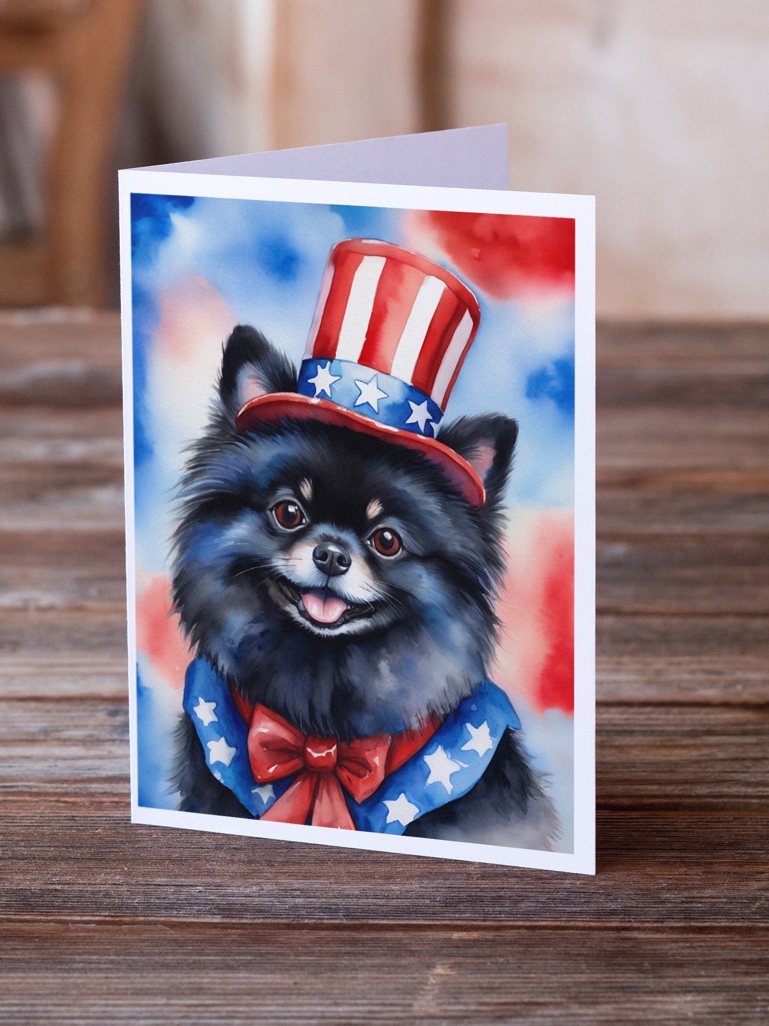 Pomeranian Patriotic American Greeting Cards Pack of 8 Blank Cards with Envelopes Whimsical A7 Size 5x7