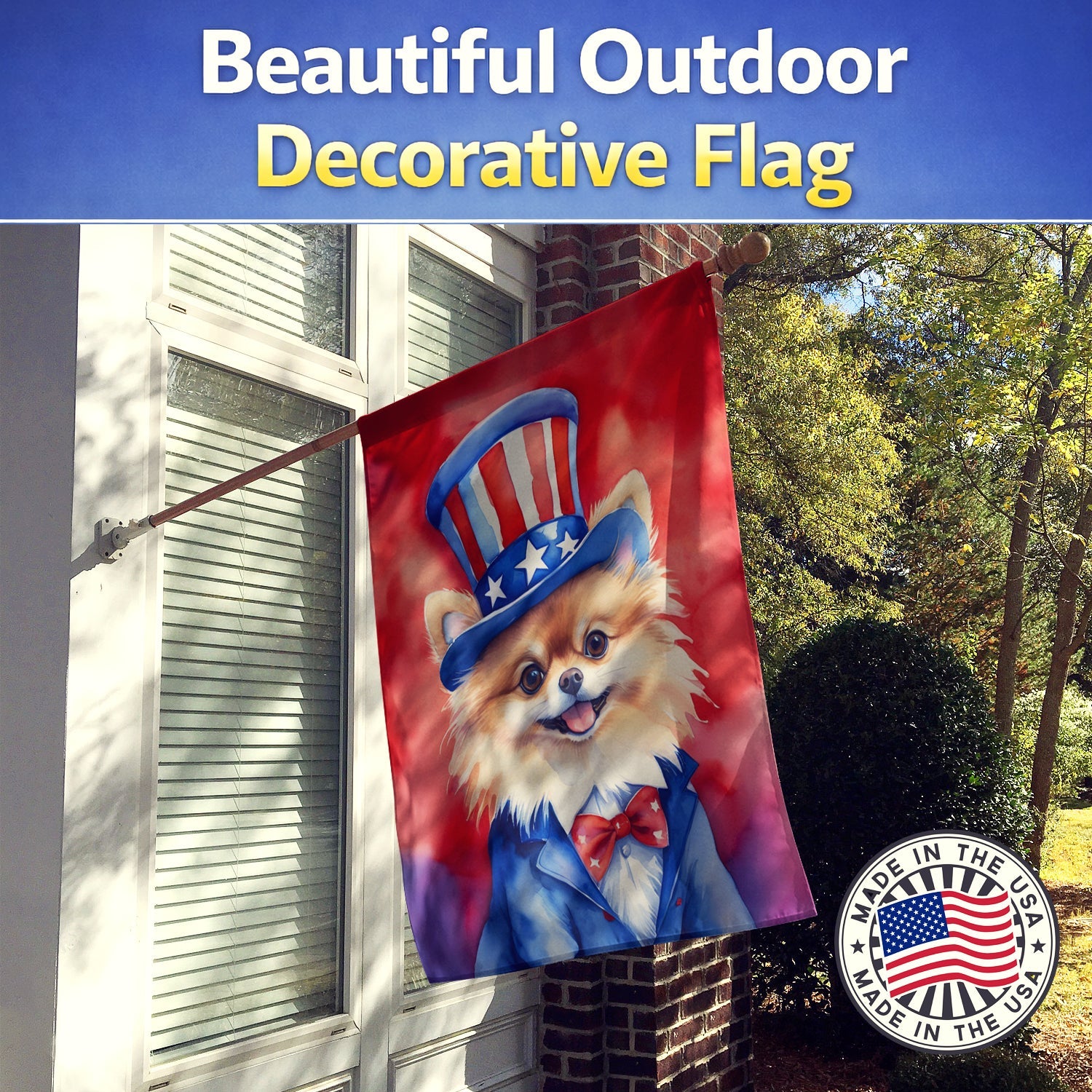 Pomeranian Patriotic American House Flag 28x40 Porch Sleeve Pole Decorative Outside Yard Banner Artwork Wall Hanging, Polyester