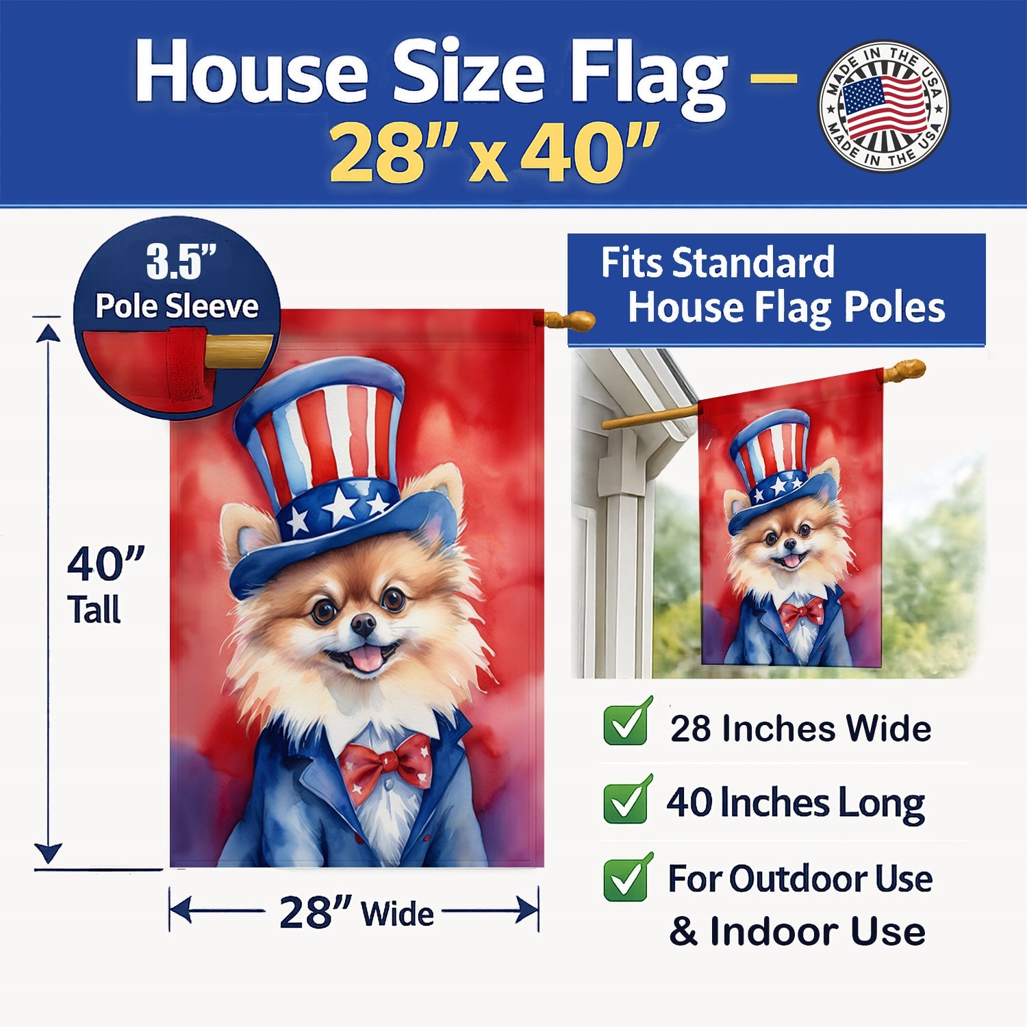 Pomeranian Patriotic American House Flag 28x40 Porch Sleeve Pole Decorative Outside Yard Banner Artwork Wall Hanging, Polyester