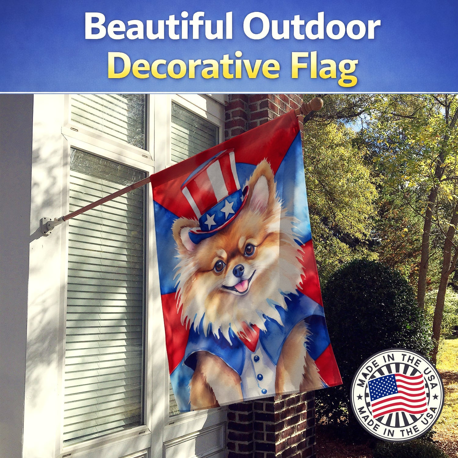 Pomeranian Patriotic American House Flag 28x40 Porch Sleeve Pole Decorative Outside Yard Banner Artwork Wall Hanging, Polyester