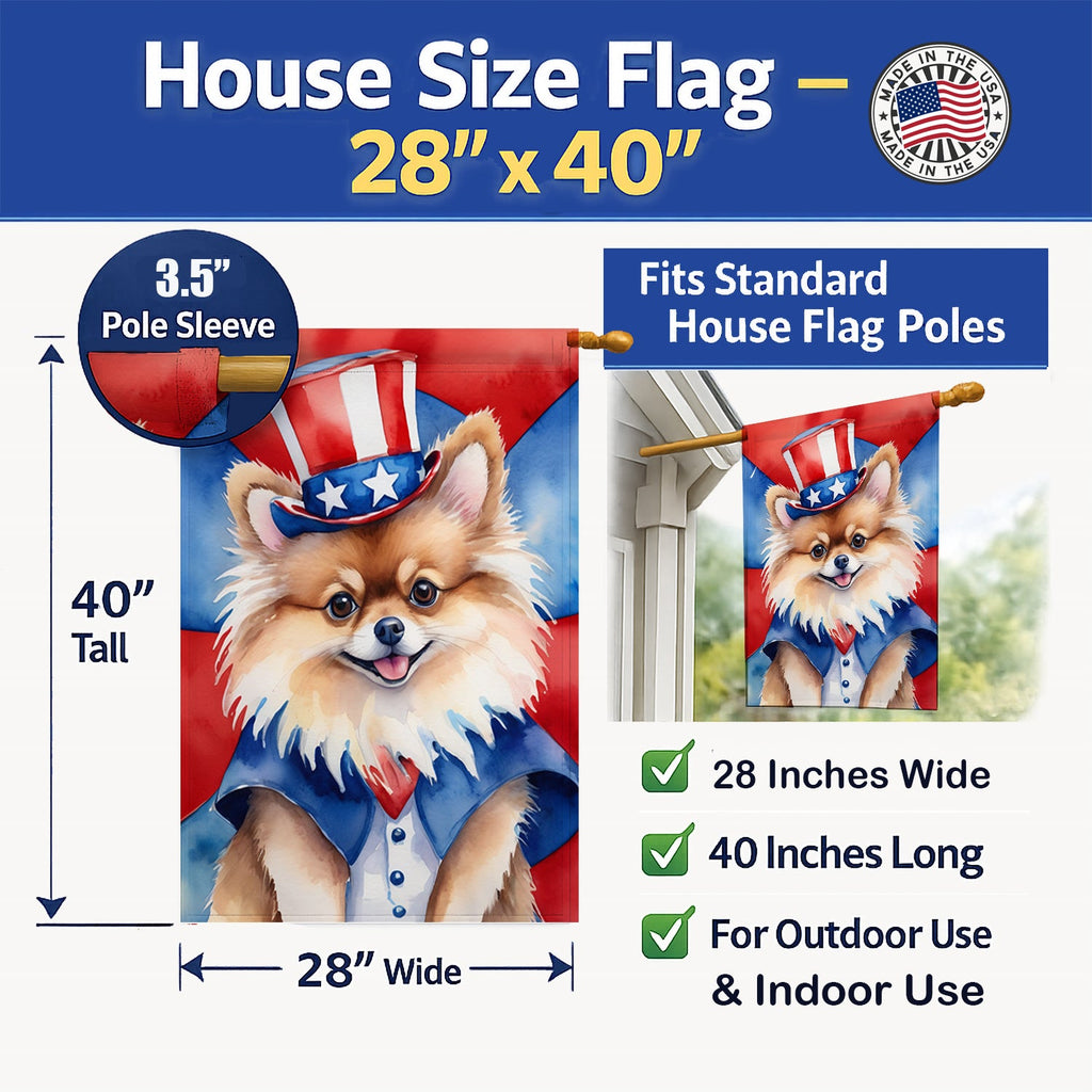 Pomeranian Patriotic American House Flag 28x40 Porch Sleeve Pole Decorative Outside Yard Banner Artwork Wall Hanging, Polyester