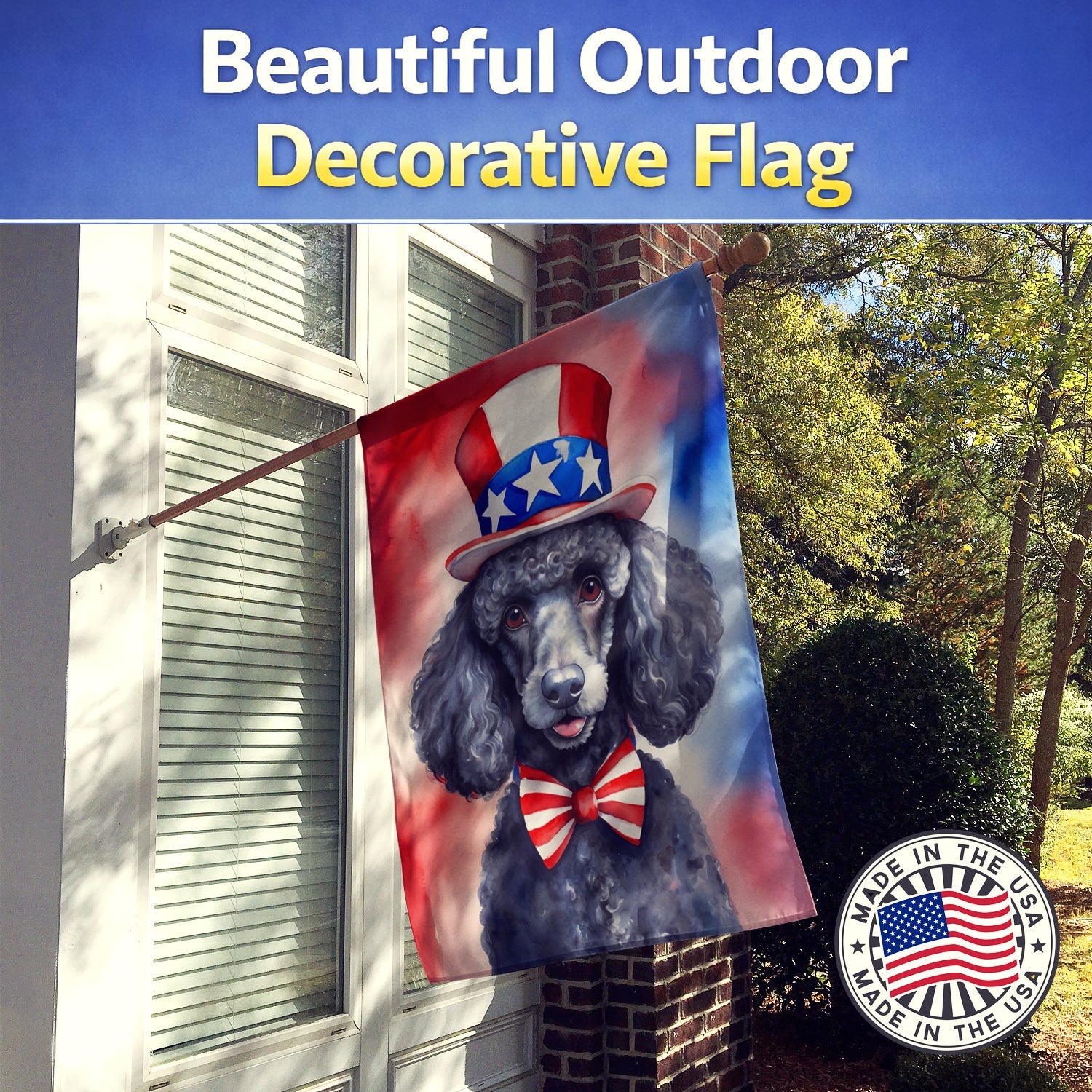 Black Poodle Patriotic American House Flag 28x40 Porch Sleeve Pole Decorative Outside Yard Banner Artwork Wall Hanging, Polyester