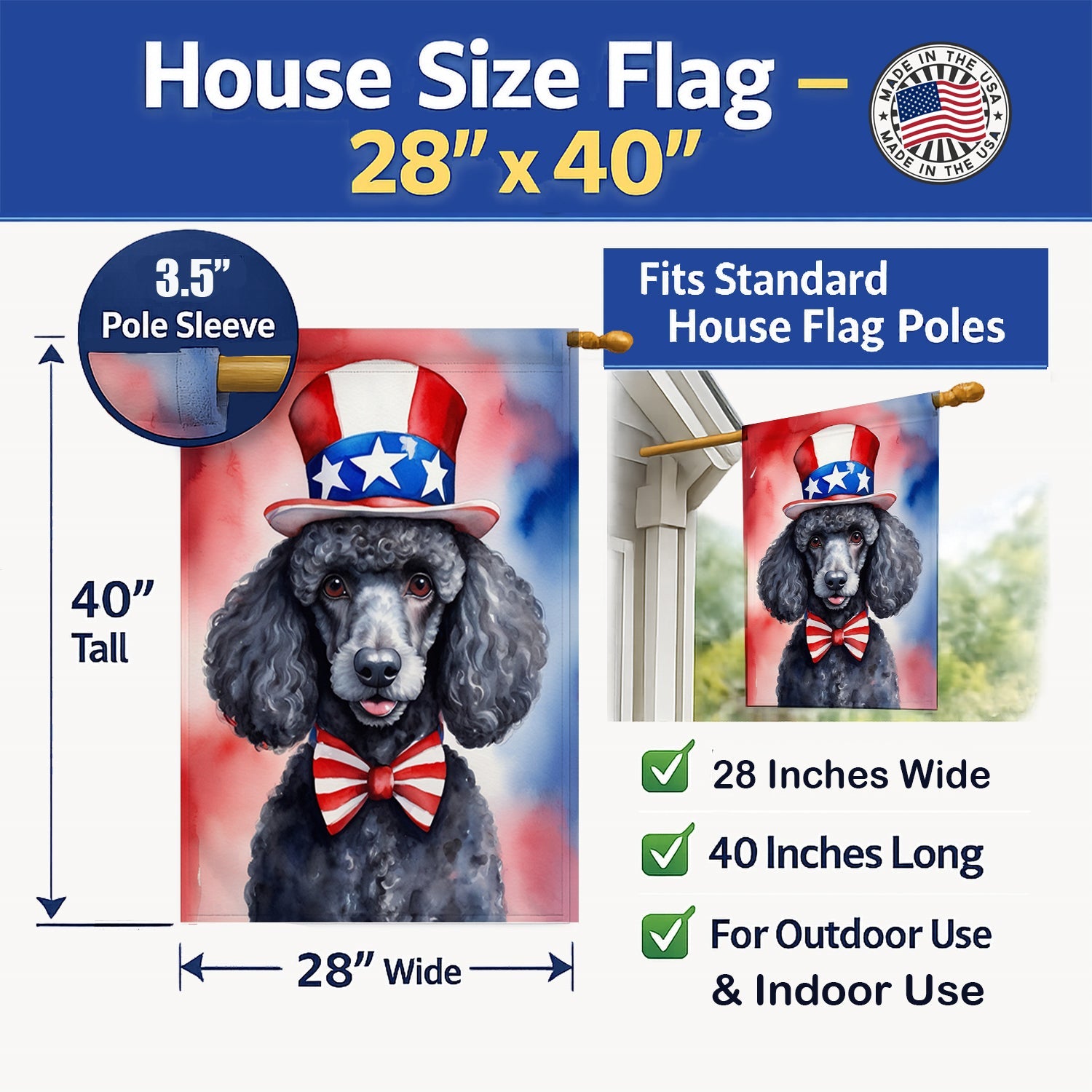 Black Poodle Patriotic American House Flag 28x40 Porch Sleeve Pole Decorative Outside Yard Banner Artwork Wall Hanging, Polyester