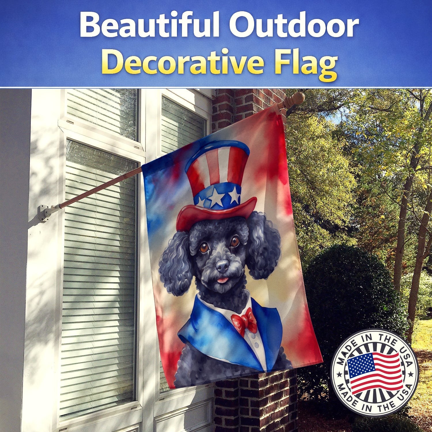 Black Poodle Patriotic American House Flag 28x40 Porch Sleeve Pole Decorative Outside Yard Banner Artwork Wall Hanging, Polyester