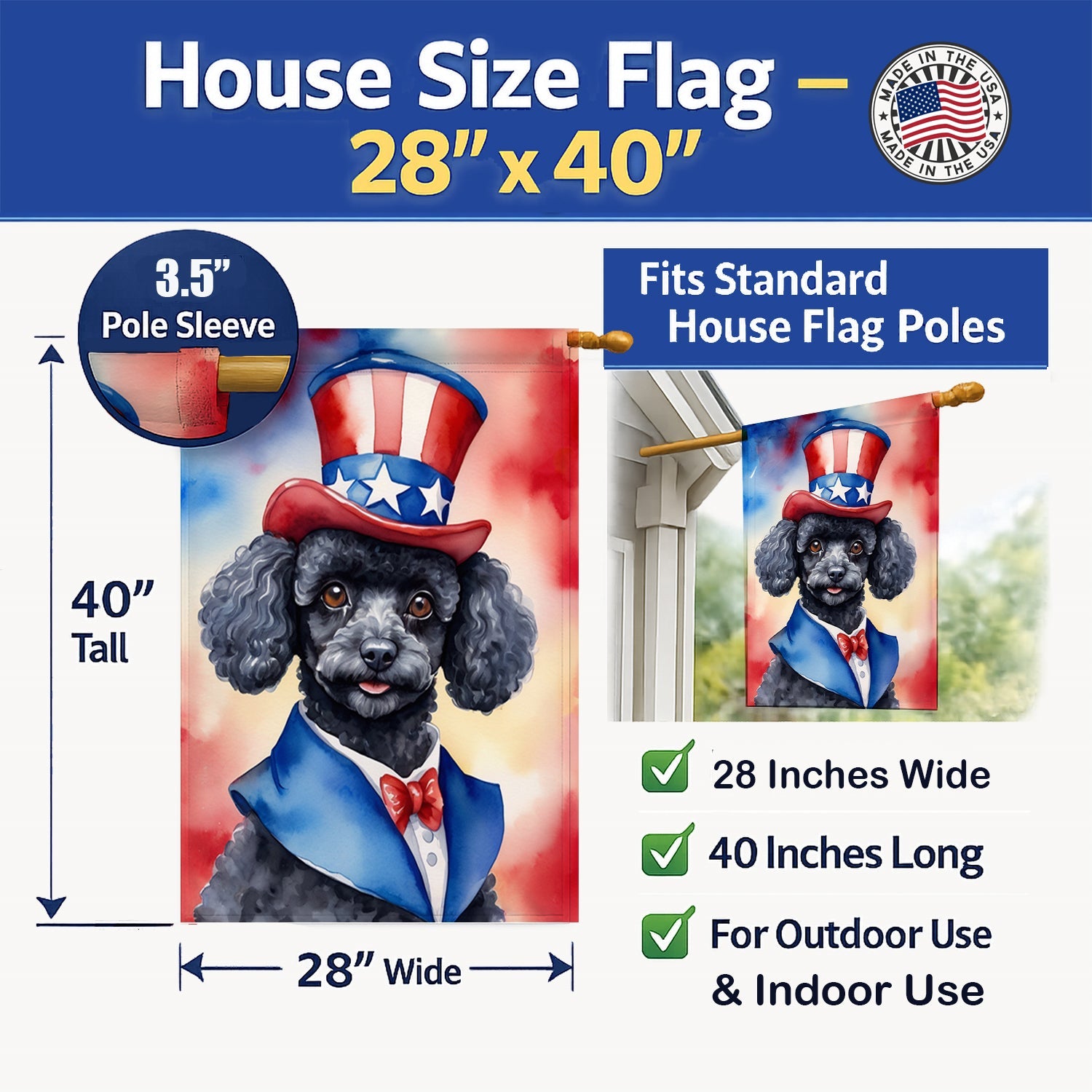 Black Poodle Patriotic American House Flag 28x40 Porch Sleeve Pole Decorative Outside Yard Banner Artwork Wall Hanging, Polyester