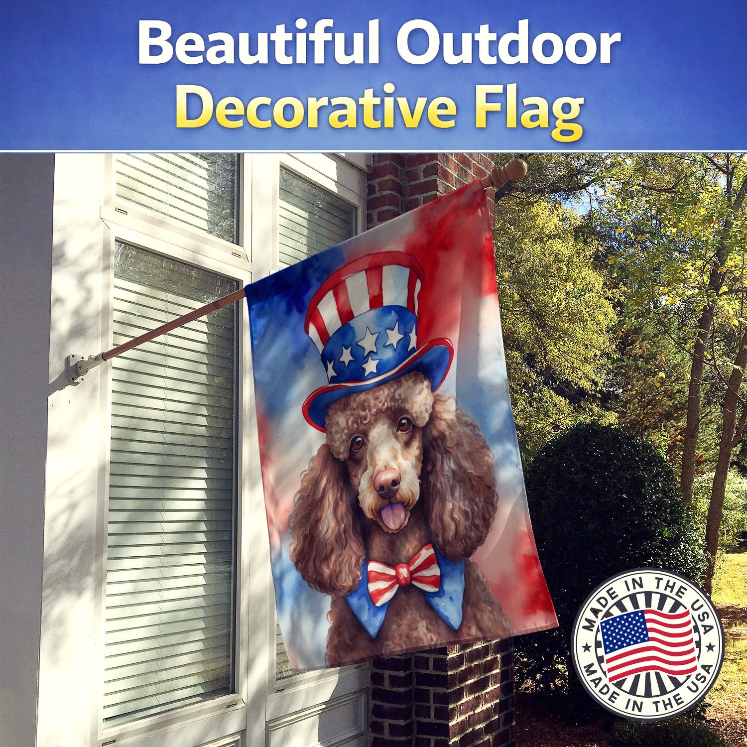 Poodle Patriotic American House Flag 28x40 Porch Sleeve Pole Decorative Outside Yard Banner Artwork Wall Hanging, Polyester