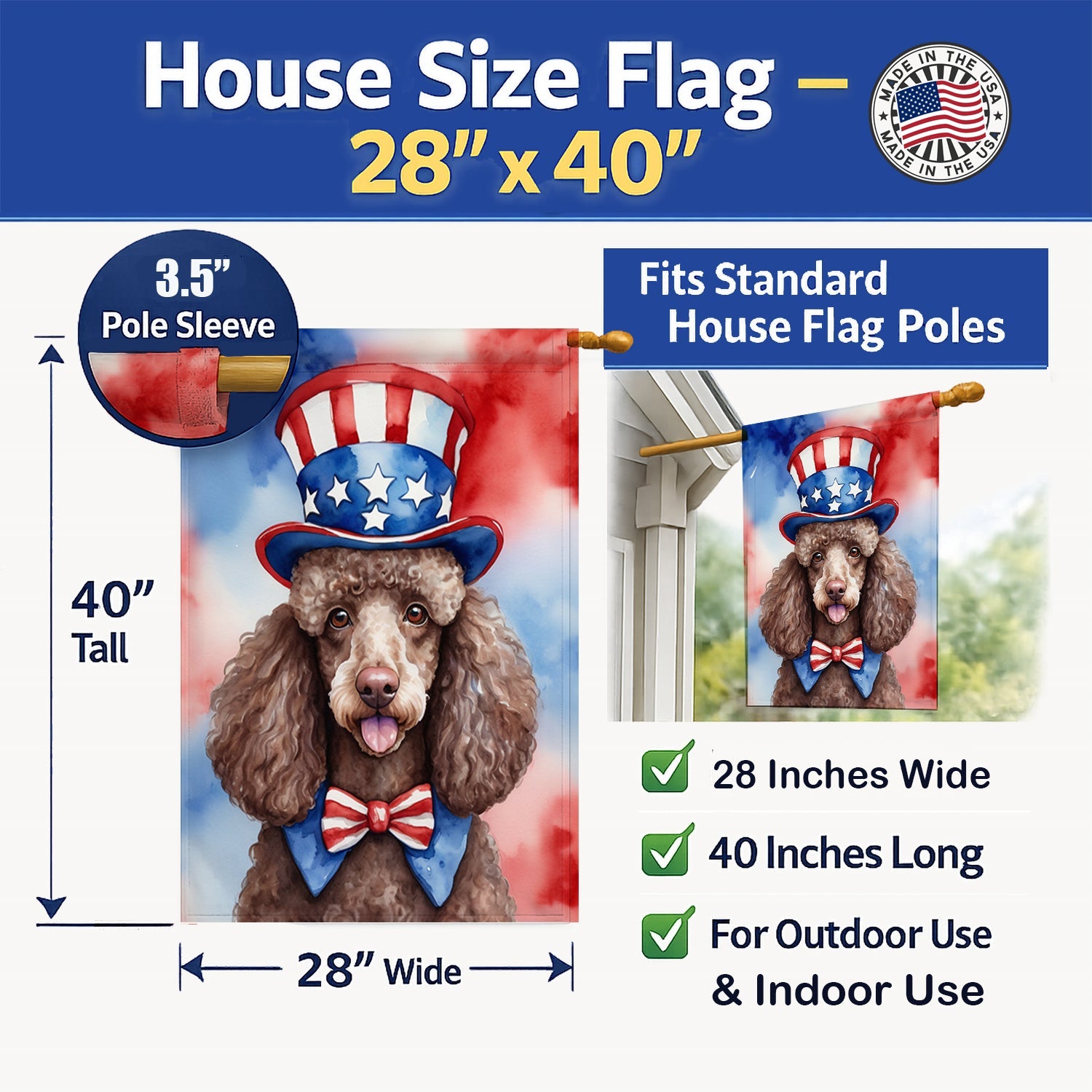 Poodle Patriotic American House Flag 28x40 Porch Sleeve Pole Decorative Outside Yard Banner Artwork Wall Hanging, Polyester