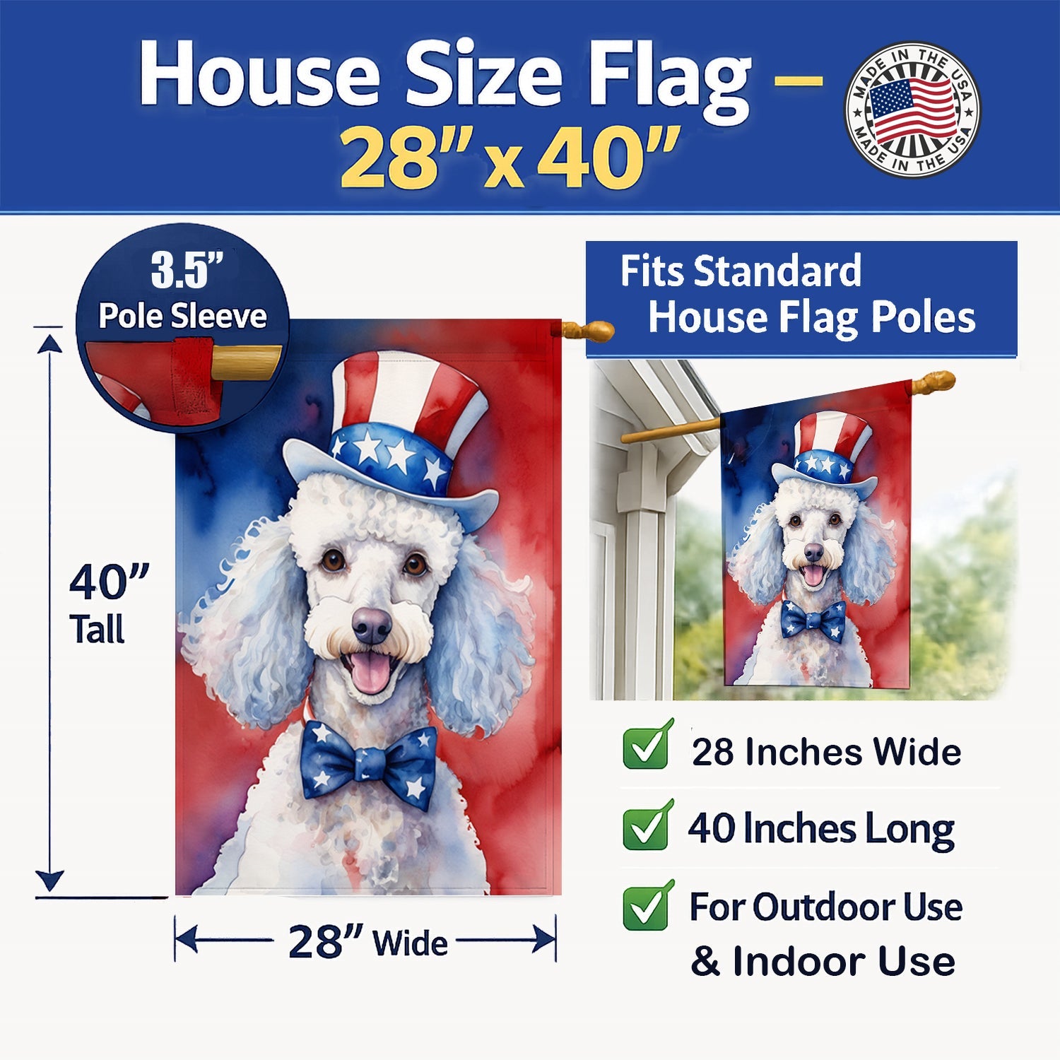 White Poodle Patriotic American House Flag 28x40 Porch Sleeve Pole Decorative Outside Yard Banner Artwork Wall Hanging, Polyester