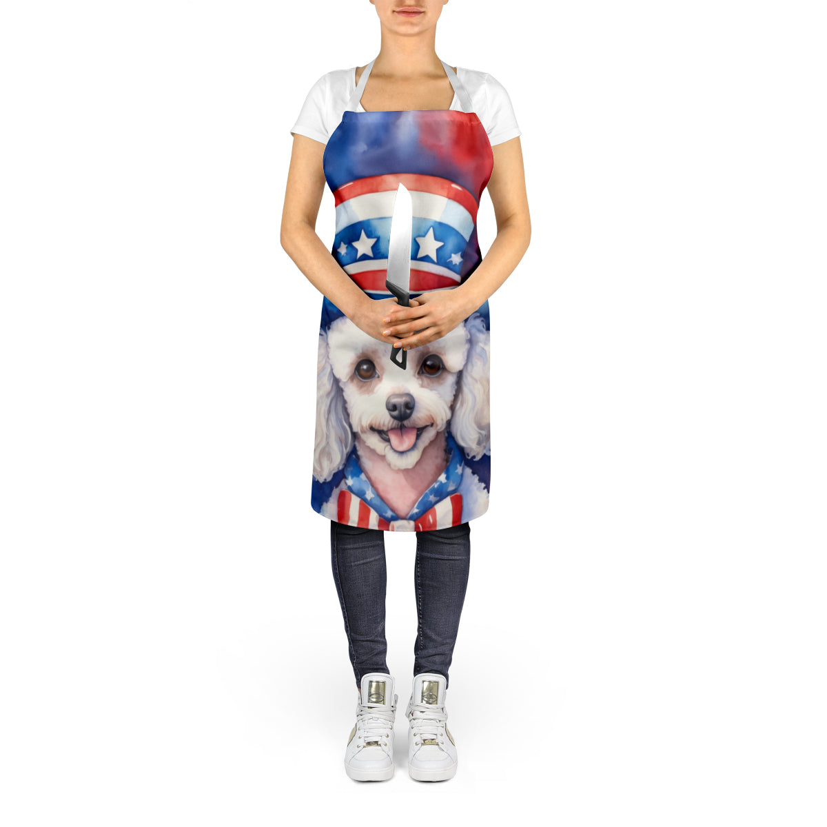White Poodle Patriotic American Apron Cooking Kitchen Server Baking Crafts Gardening for Adult Women Men, Unisex, Large, Multicolor
