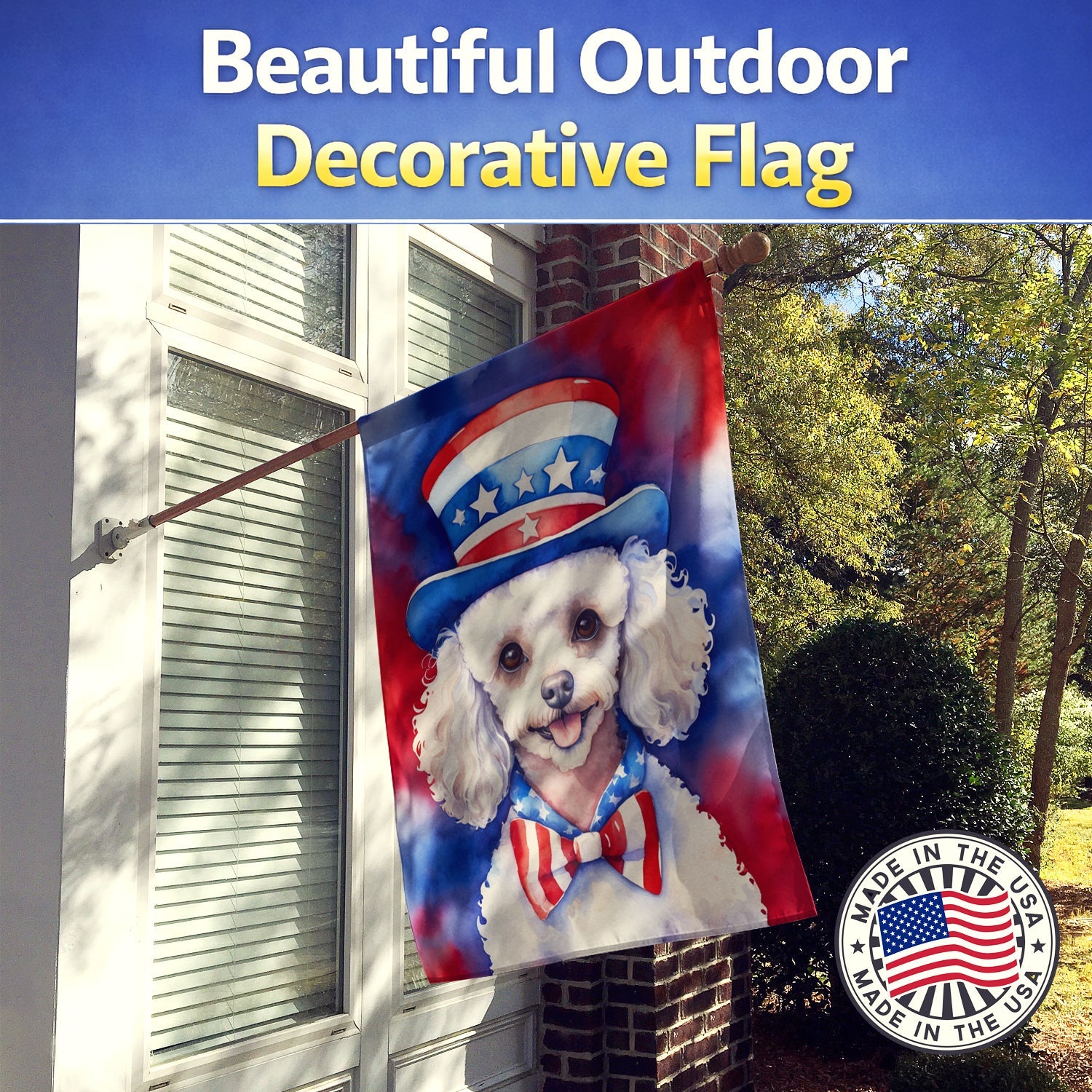 White Poodle Patriotic American House Flag 28x40 Porch Sleeve Pole Decorative Outside Yard Banner Artwork Wall Hanging, Polyester