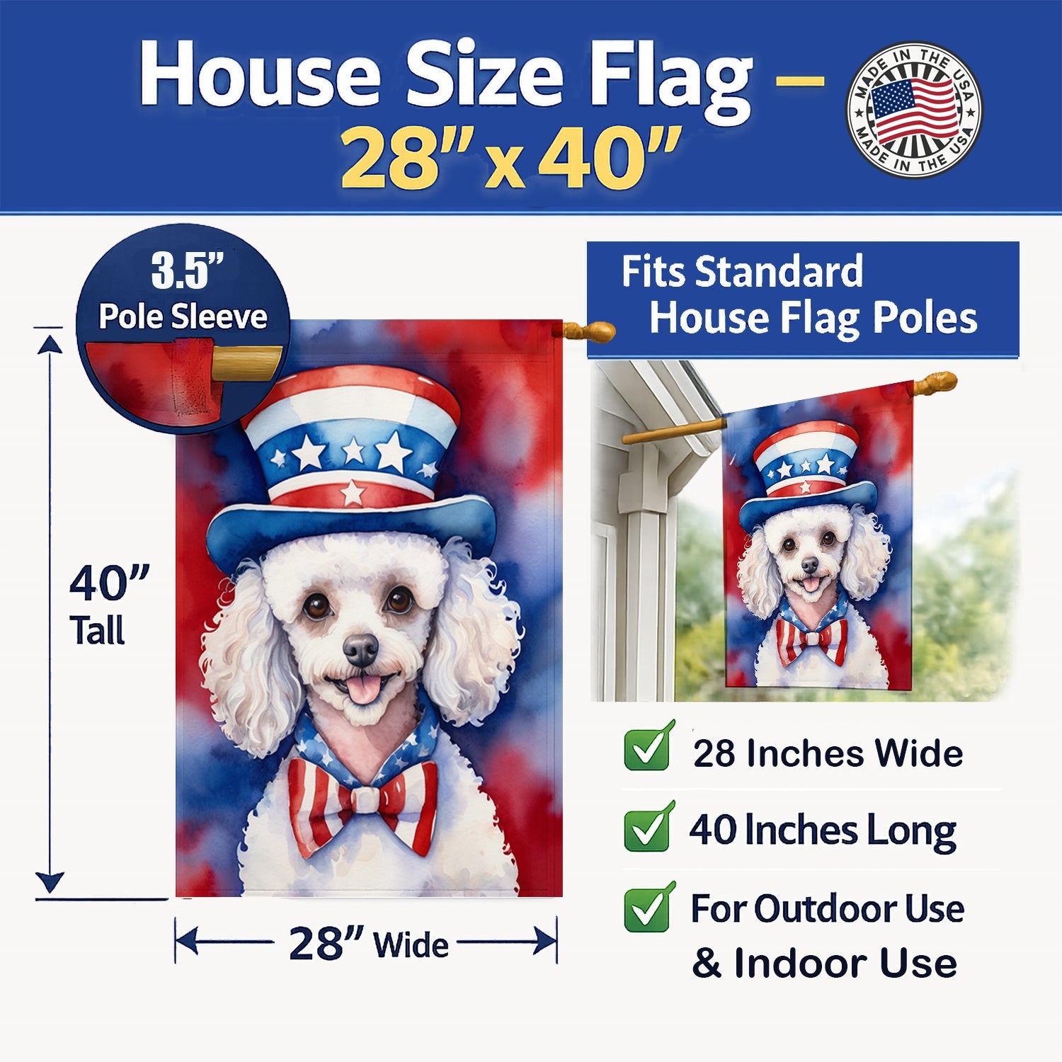 White Poodle Patriotic American House Flag 28x40 Porch Sleeve Pole Decorative Outside Yard Banner Artwork Wall Hanging, Polyester