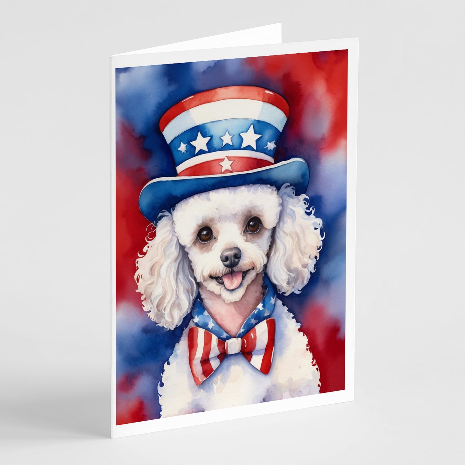 White Poodle Patriotic American Greeting Cards Pack of 8 Blank Cards with Envelopes Whimsical A7 Size 5x7