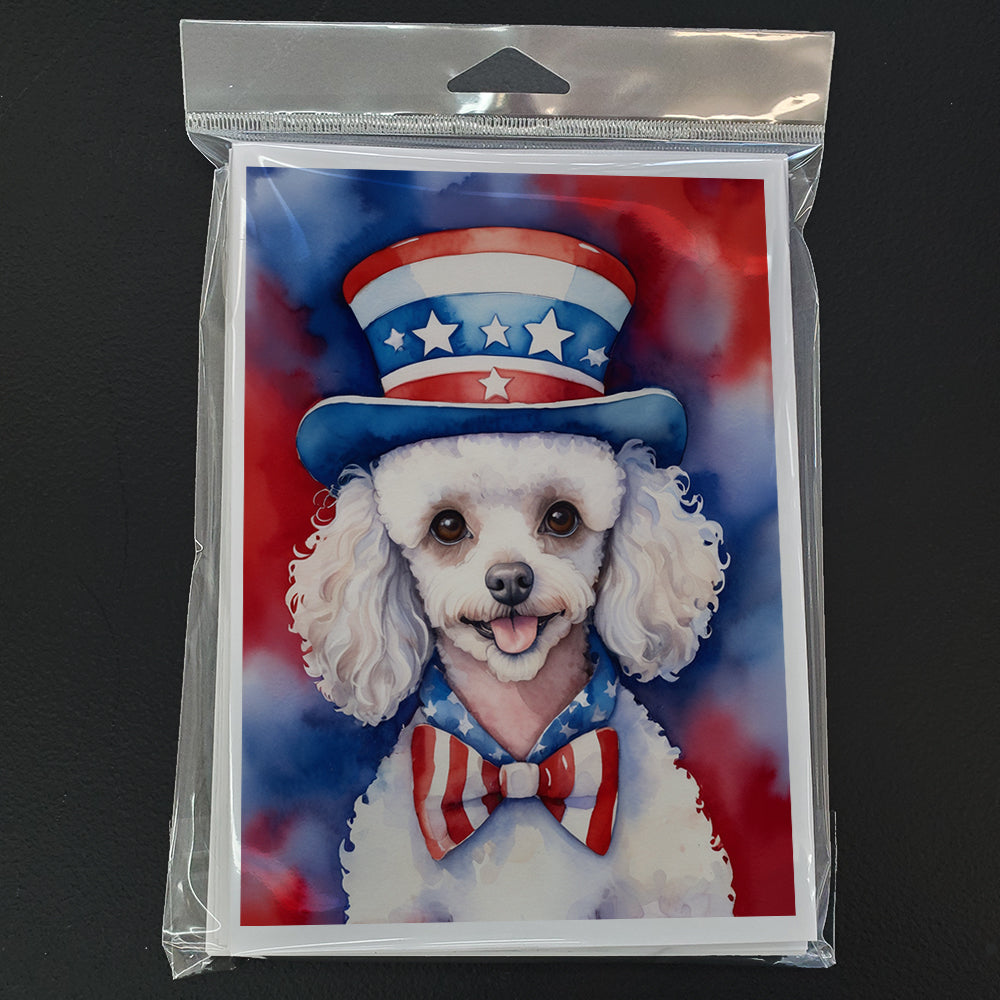 White Poodle Patriotic American Greeting Cards Pack of 8 Blank Cards with Envelopes Whimsical A7 Size 5x7