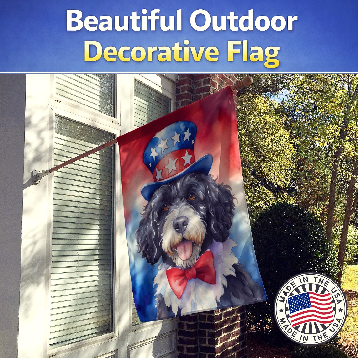 Portuguese Water Dog Patriotic American House Flag 28x40 Porch Sleeve Pole Decorative Outside Yard Banner Artwork Wall Hanging, Polyester