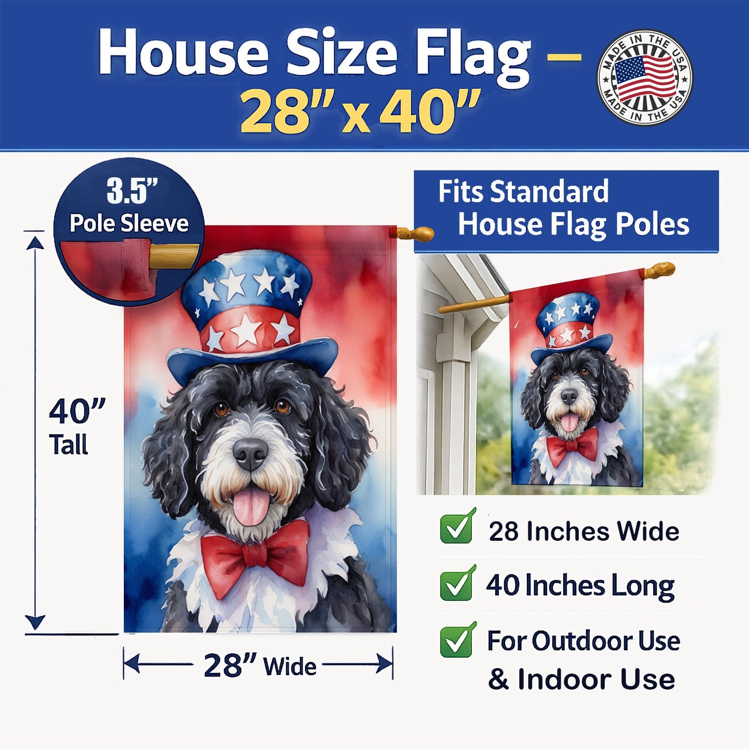 Portuguese Water Dog Patriotic American House Flag 28x40 Porch Sleeve Pole Decorative Outside Yard Banner Artwork Wall Hanging, Polyester