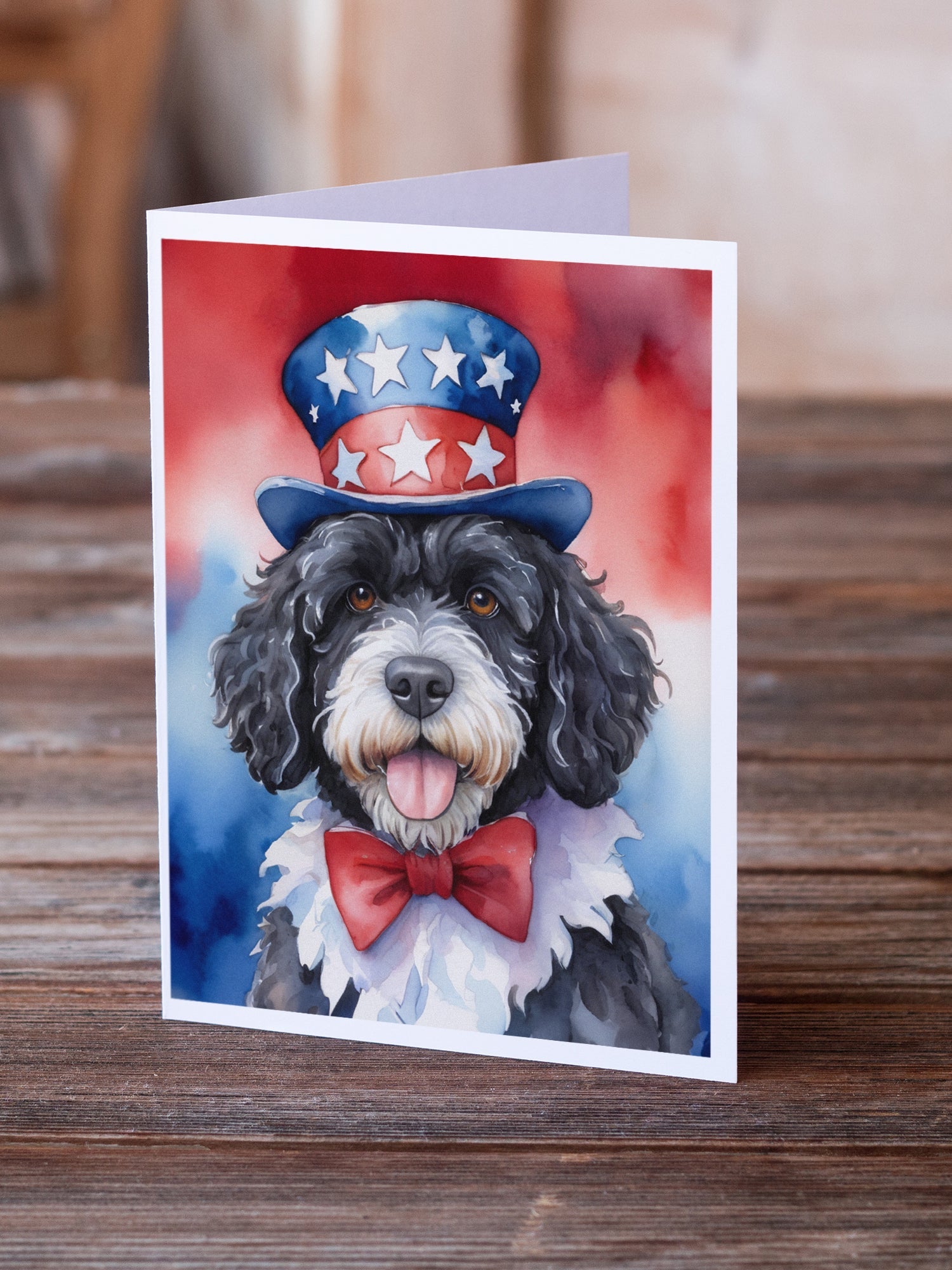 Portuguese Water Dog Patriotic American Greeting Cards Pack of 8 Blank Cards with Envelopes Whimsical A7 Size 5x7