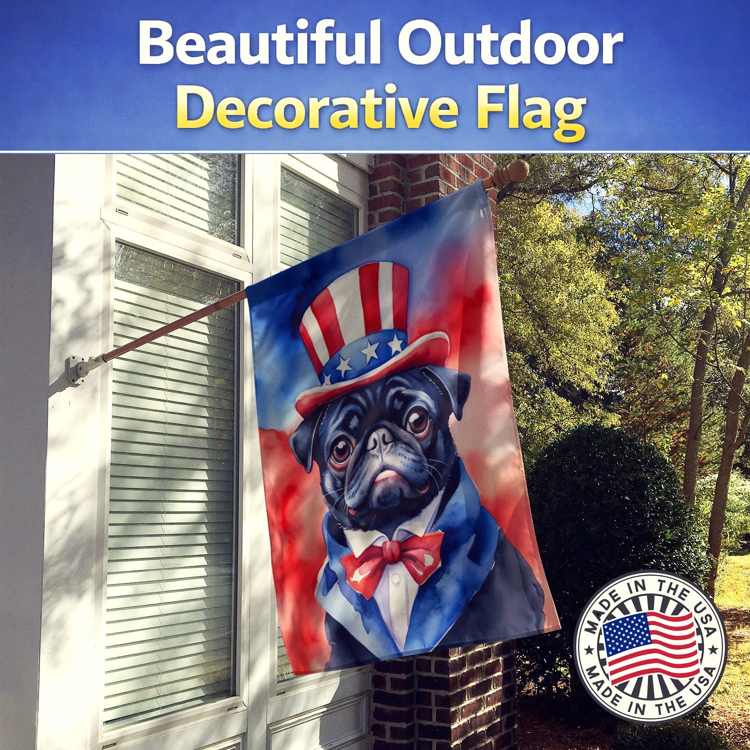 Pug Patriotic American House Flag 28x40 Porch Sleeve Pole Decorative Outside Yard Banner Artwork Wall Hanging, Polyester