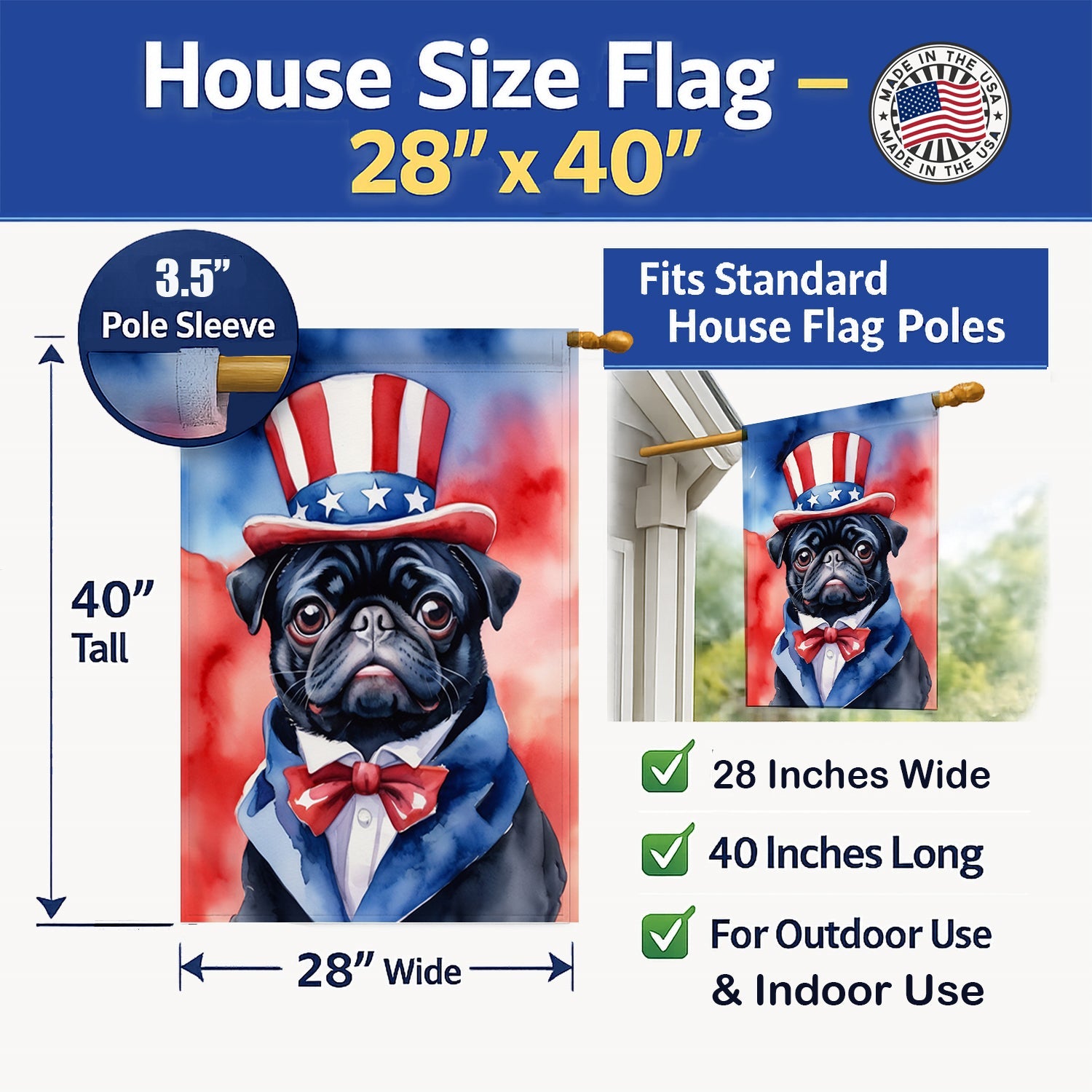 Pug Patriotic American House Flag 28x40 Porch Sleeve Pole Decorative Outside Yard Banner Artwork Wall Hanging, Polyester