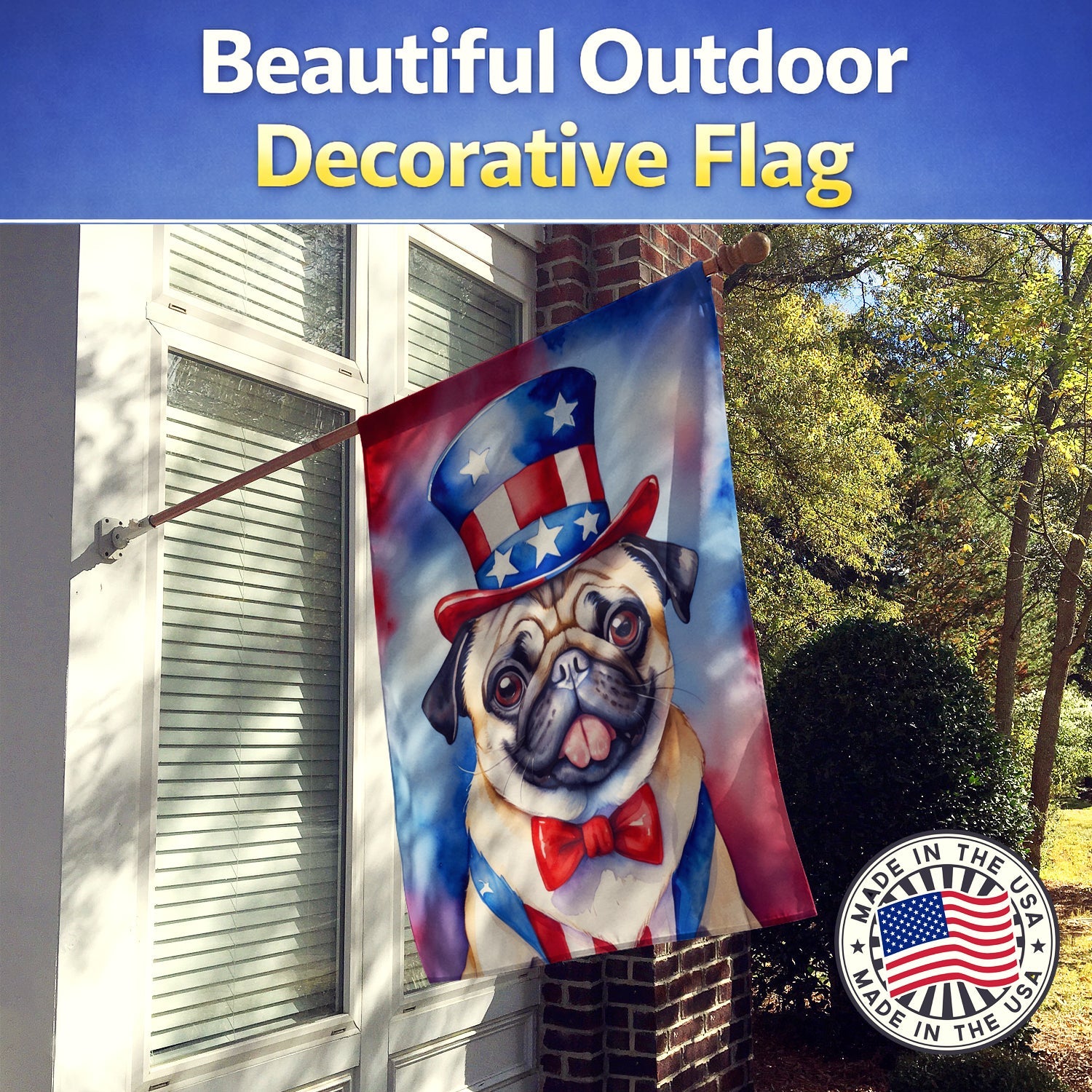 Pug Patriotic American House Flag 28x40 Porch Sleeve Pole Decorative Outside Yard Banner Artwork Wall Hanging, Polyester