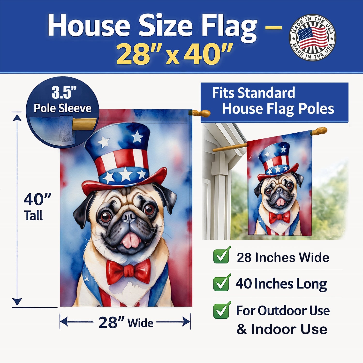 Pug Patriotic American House Flag 28x40 Porch Sleeve Pole Decorative Outside Yard Banner Artwork Wall Hanging, Polyester