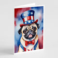 Pug Patriotic American Greeting Cards Pack of 8 Blank Cards with Envelopes Whimsical A7 Size 5x7