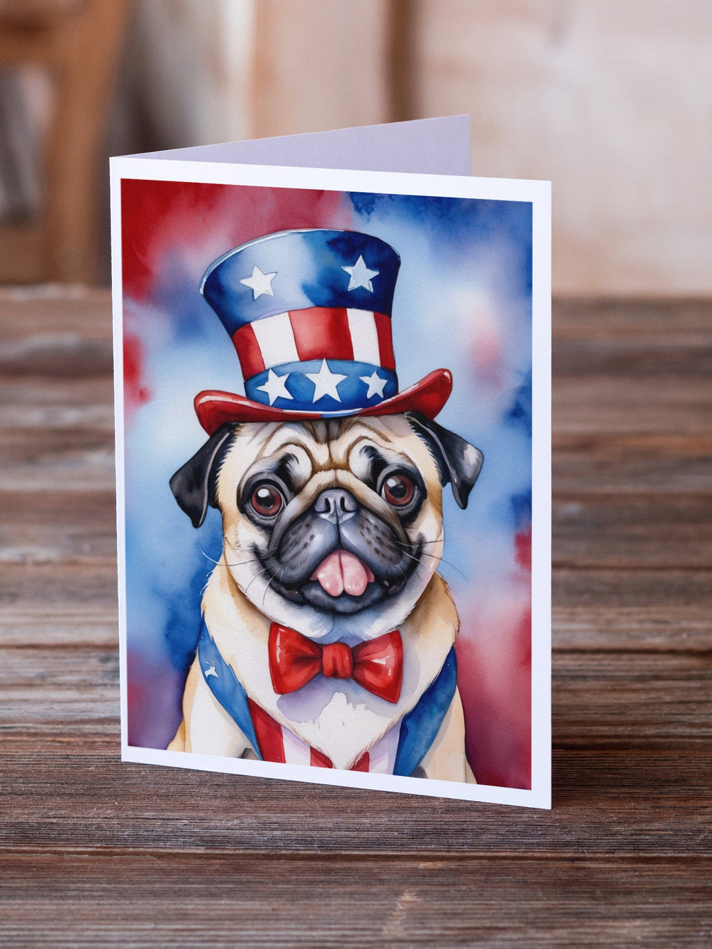 Pug Patriotic American Greeting Cards Pack of 8 Blank Cards with Envelopes Whimsical A7 Size 5x7