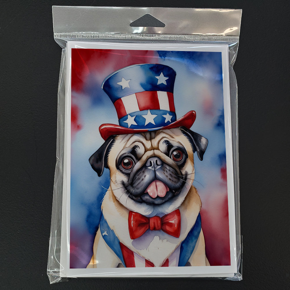 Pug Patriotic American Greeting Cards Pack of 8 Blank Cards with Envelopes Whimsical A7 Size 5x7