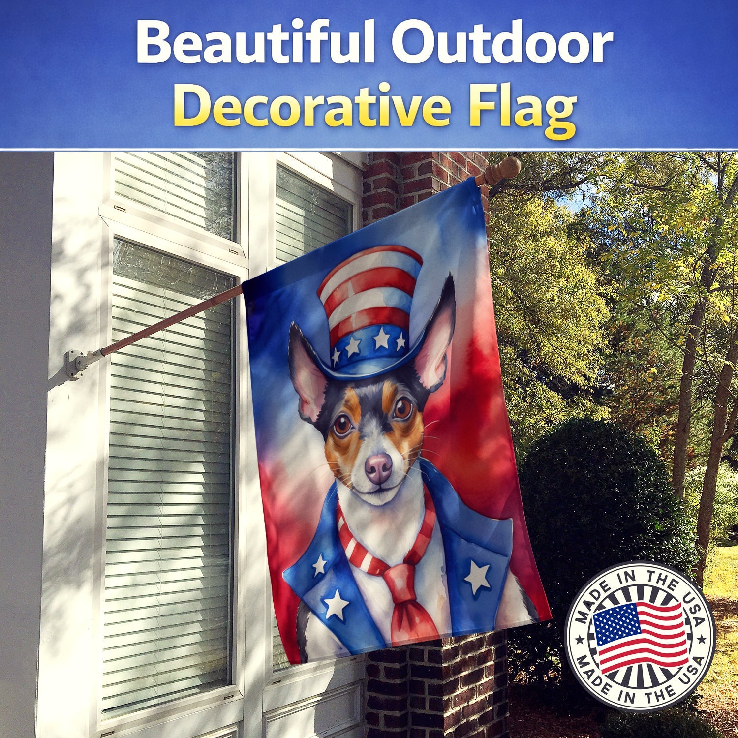 Rat Terrier Patriotic American House Flag 28x40 Porch Sleeve Pole Decorative Outside Yard Banner Artwork Wall Hanging, Polyester