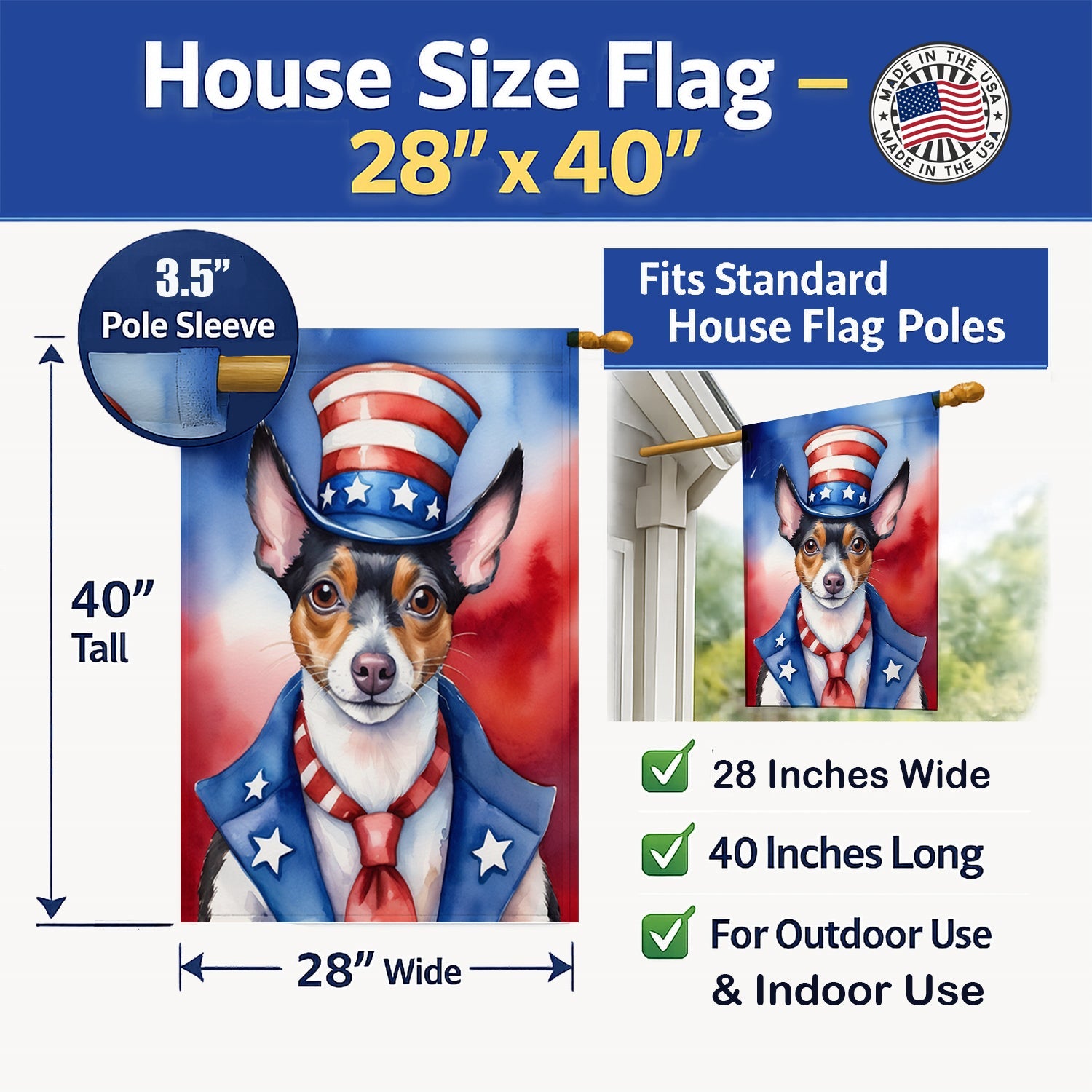 Rat Terrier Patriotic American House Flag 28x40 Porch Sleeve Pole Decorative Outside Yard Banner Artwork Wall Hanging, Polyester