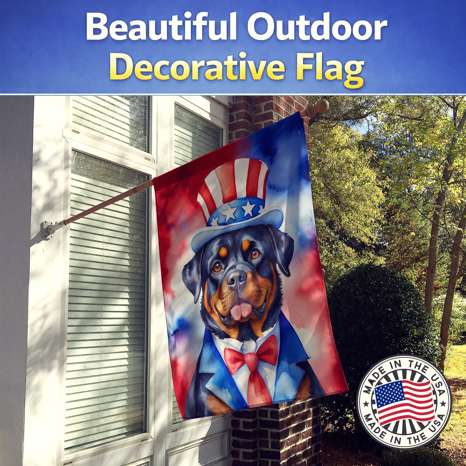 Rottweiler Patriotic American House Flag 28x40 Porch Sleeve Pole Decorative Outside Yard Banner Artwork Wall Hanging, Polyester