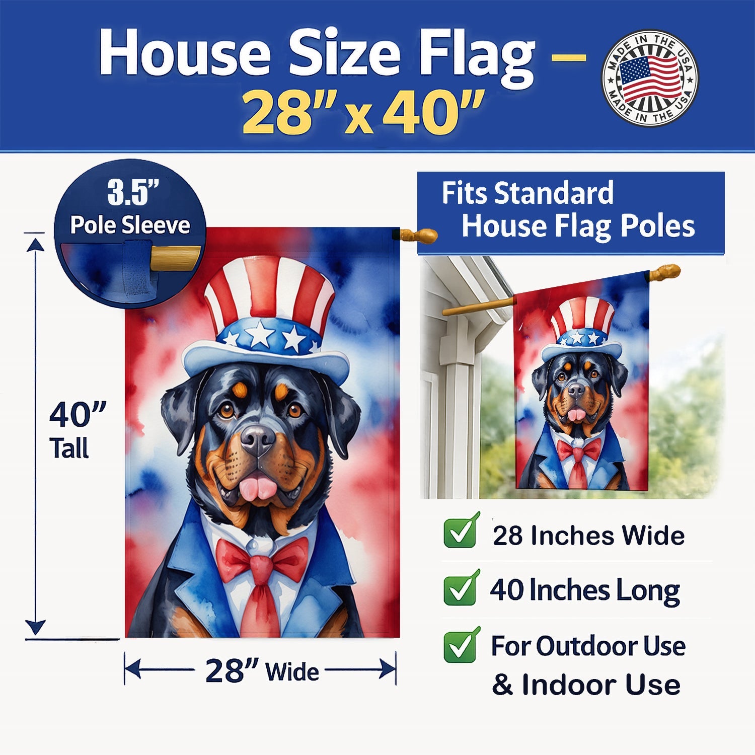 Rottweiler Patriotic American House Flag 28x40 Porch Sleeve Pole Decorative Outside Yard Banner Artwork Wall Hanging, Polyester