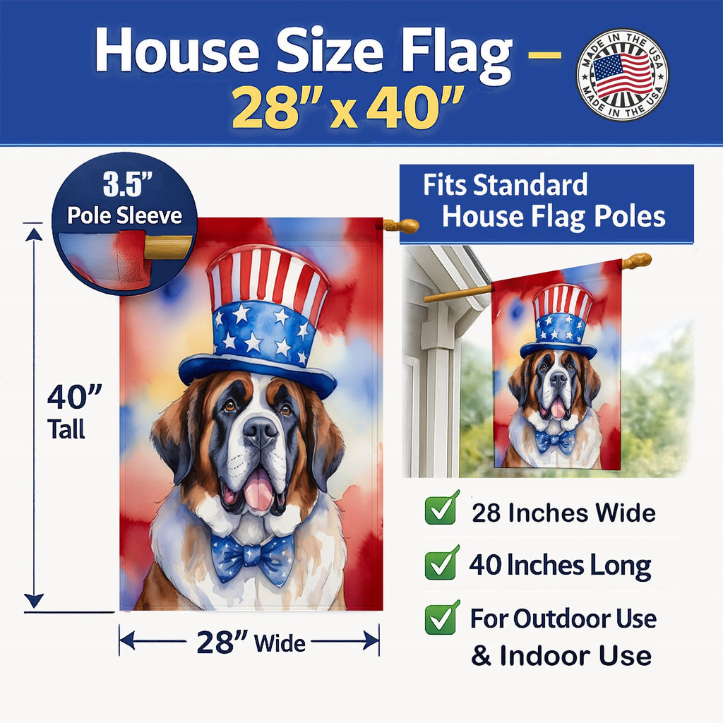 Saint Bernard Patriotic American House Flag 28x40 Porch Sleeve Pole Decorative Outside Yard Banner Artwork Wall Hanging, Polyester