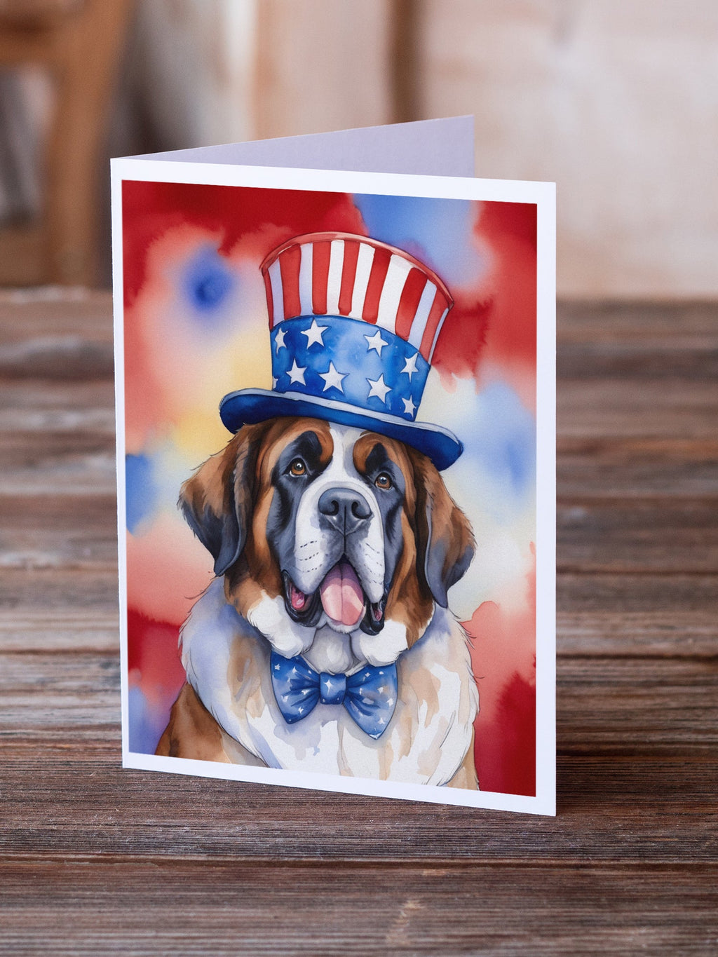 Saint Bernard Patriotic American Greeting Cards Pack of 8 Blank Cards with Envelopes Whimsical A7 Size 5x7