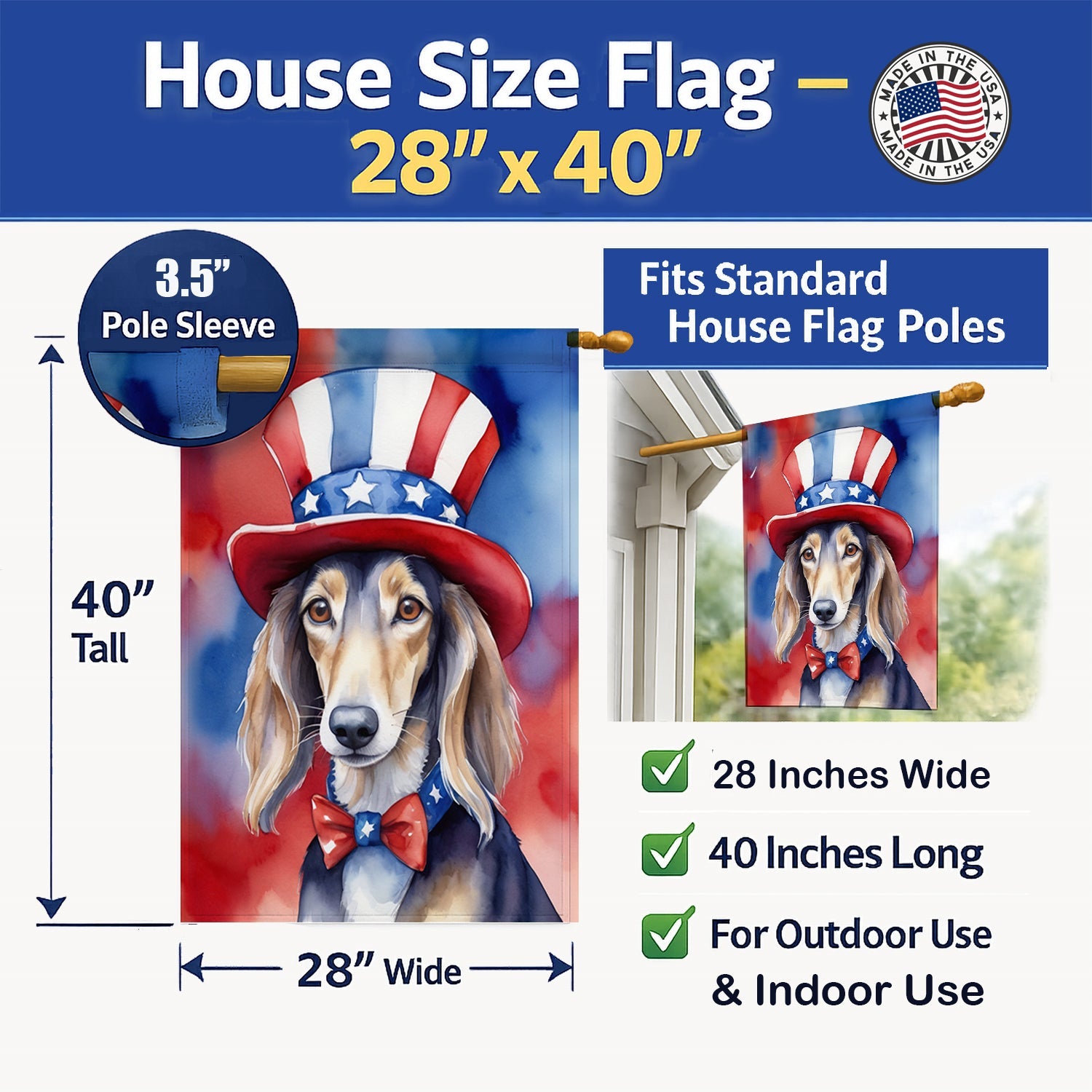 Saluki Patriotic American House Flag 28x40 Porch Sleeve Pole Decorative Outside Yard Banner Artwork Wall Hanging, Polyester