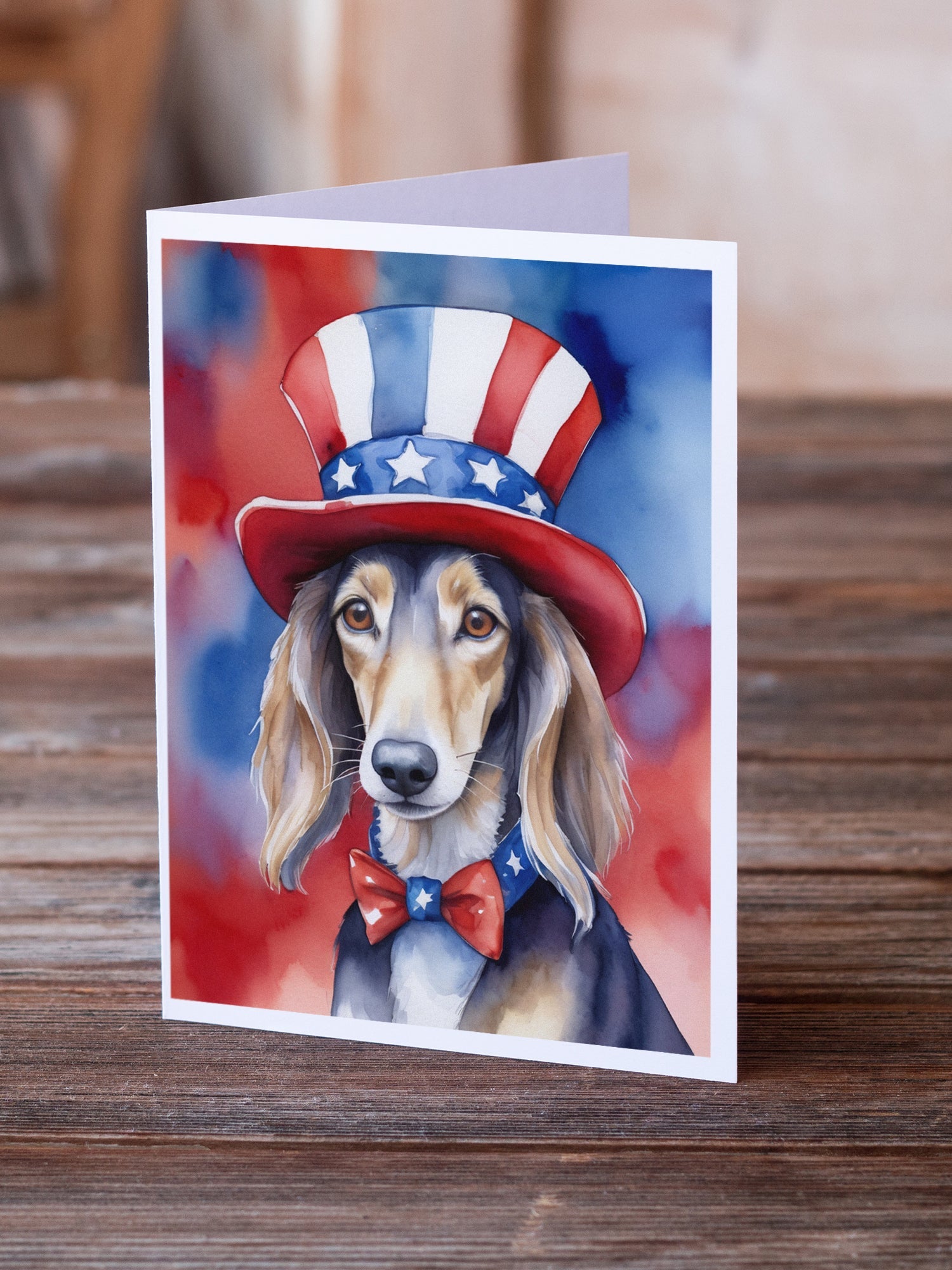 Saluki Patriotic American Greeting Cards Pack of 8 Blank Cards with Envelopes Whimsical A7 Size 5x7
