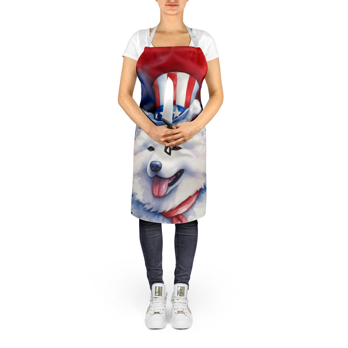 Samoyed Patriotic American Apron Cooking Kitchen Server Baking Crafts Gardening for Adult Women Men, Unisex, Large, Multicolor