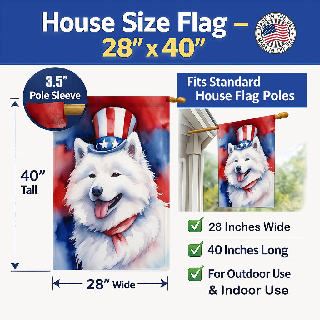 Samoyed Patriotic American House Flag 28x40 Porch Sleeve Pole Decorative Outside Yard Banner Artwork Wall Hanging, Polyester