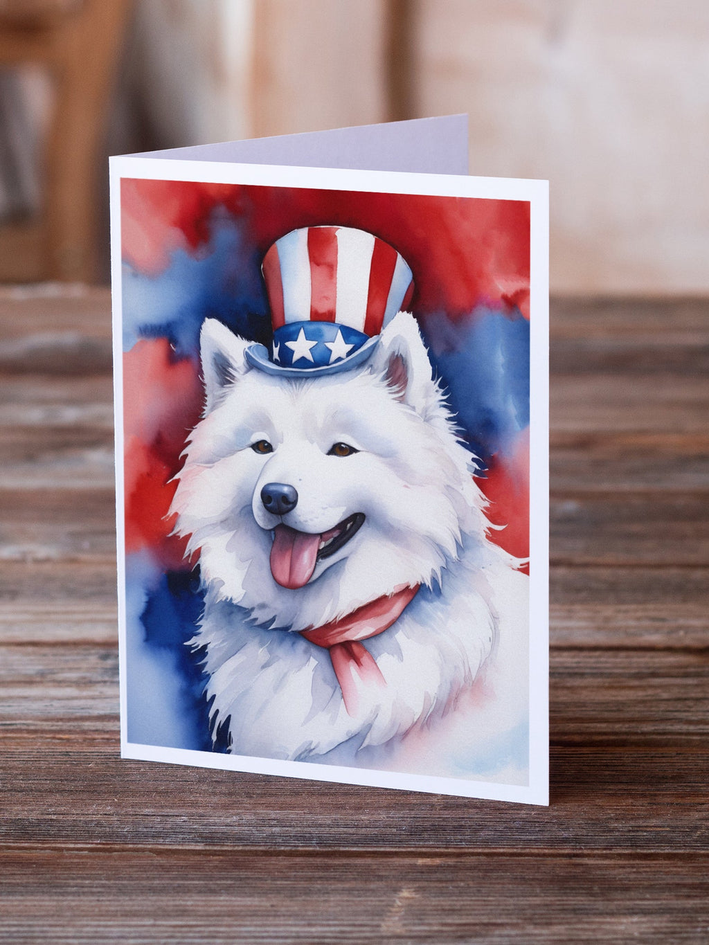 Samoyed Patriotic American Greeting Cards Pack of 8 Blank Cards with Envelopes Whimsical A7 Size 5x7