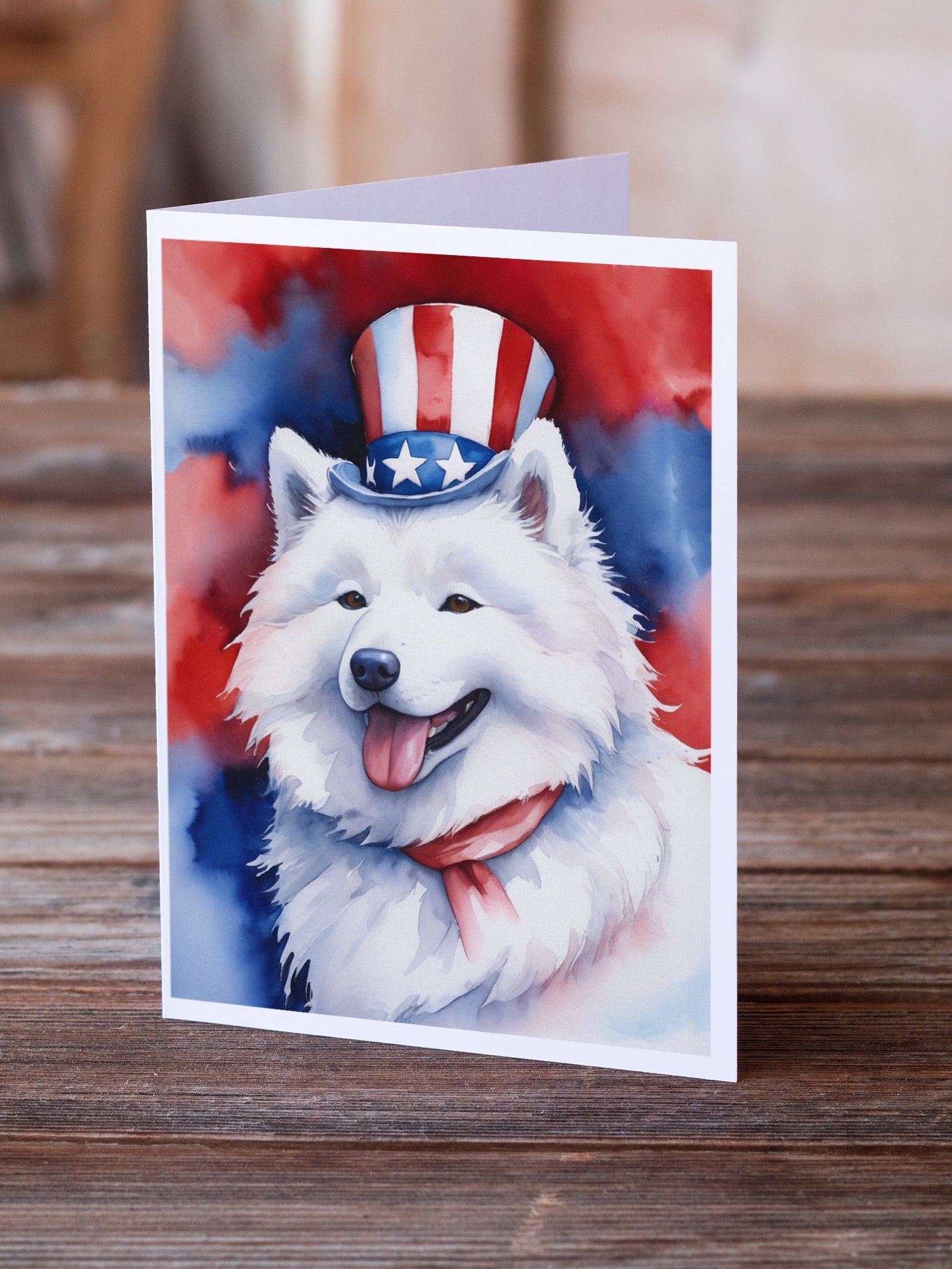 Samoyed Patriotic American Greeting Cards Pack of 8 Blank Cards with Envelopes Whimsical A7 Size 5x7