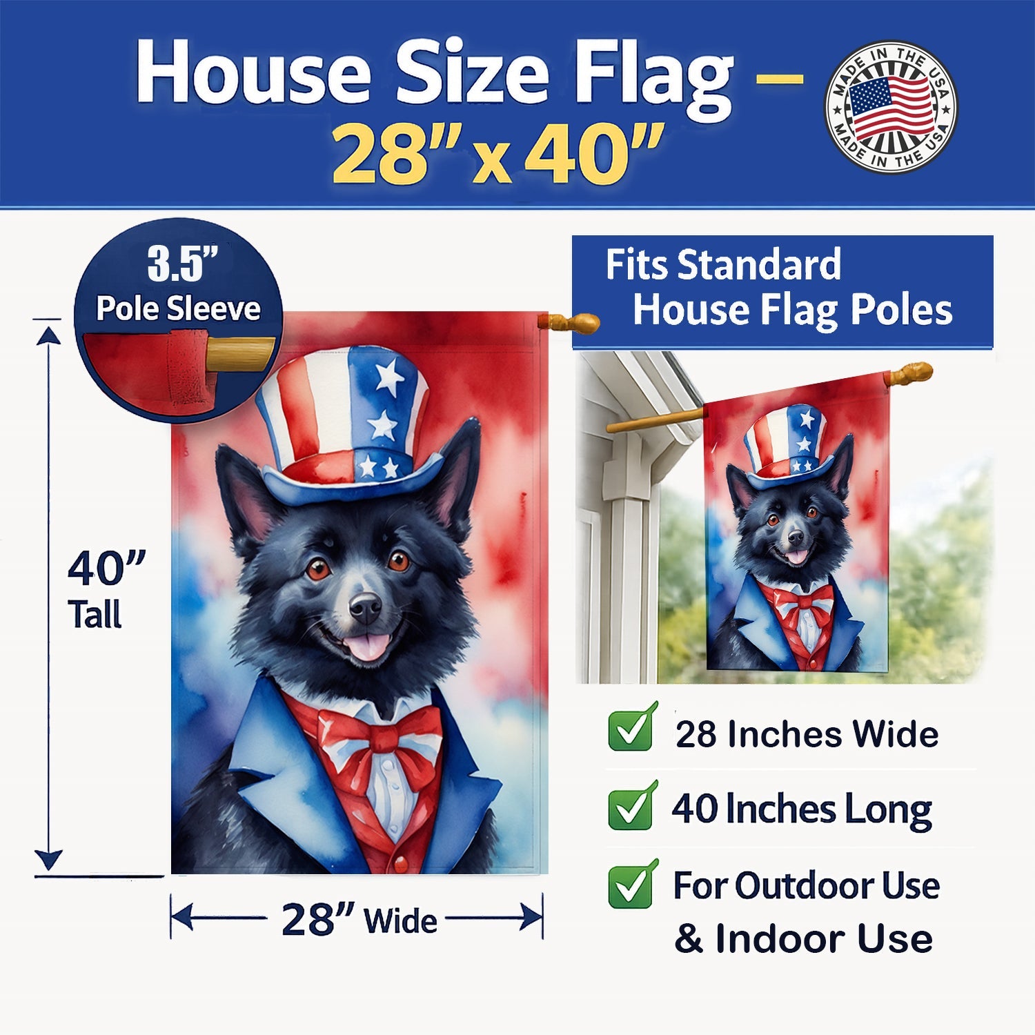 Schipperke Patriotic American House Flag 28x40 Porch Sleeve Pole Decorative Outside Yard Banner Artwork Wall Hanging, Polyester