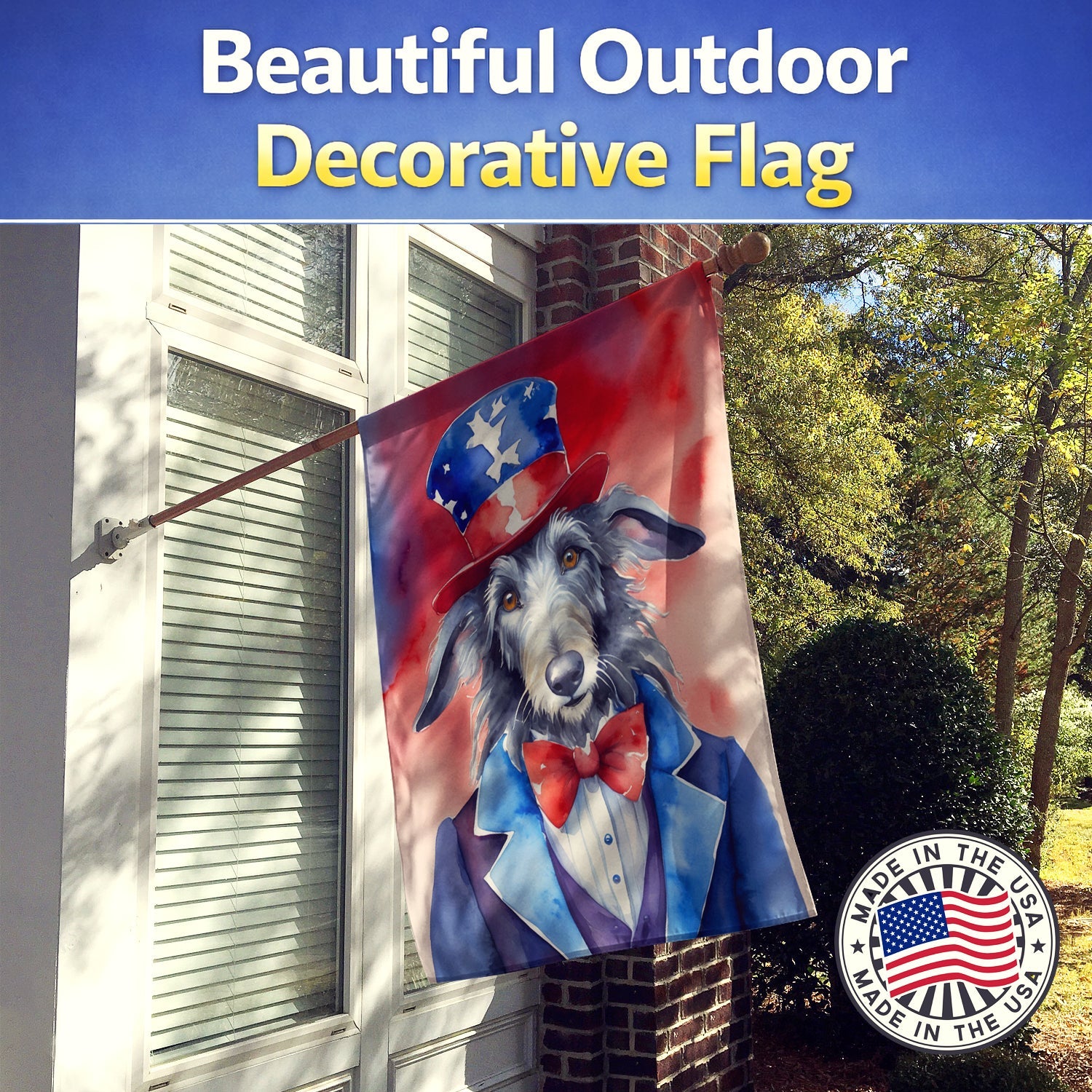 Scottish Deerhound Patriotic American House Flag 28x40 Porch Sleeve Pole Decorative Outside Yard Banner Artwork Wall Hanging, Polyester