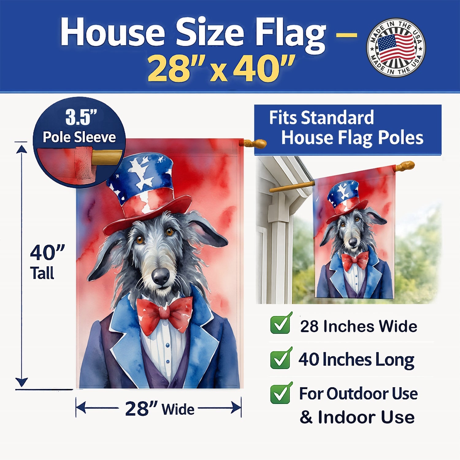 Scottish Deerhound Patriotic American House Flag 28x40 Porch Sleeve Pole Decorative Outside Yard Banner Artwork Wall Hanging, Polyester