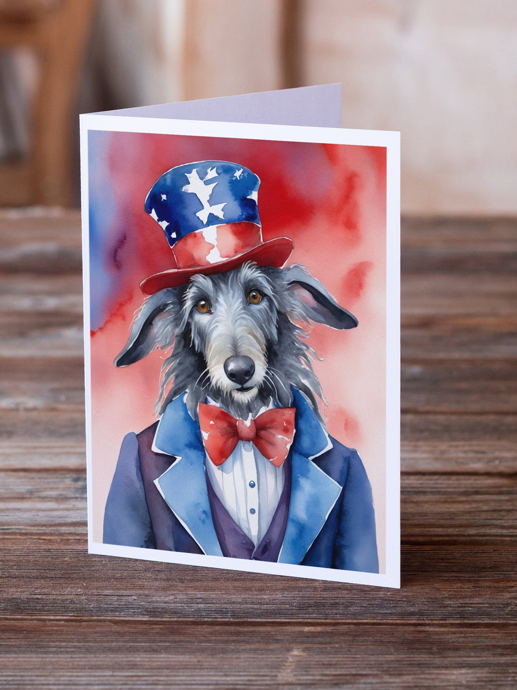 Scottish Deerhound Patriotic American Greeting Cards Pack of 8 Blank Cards with Envelopes Whimsical A7 Size 5x7