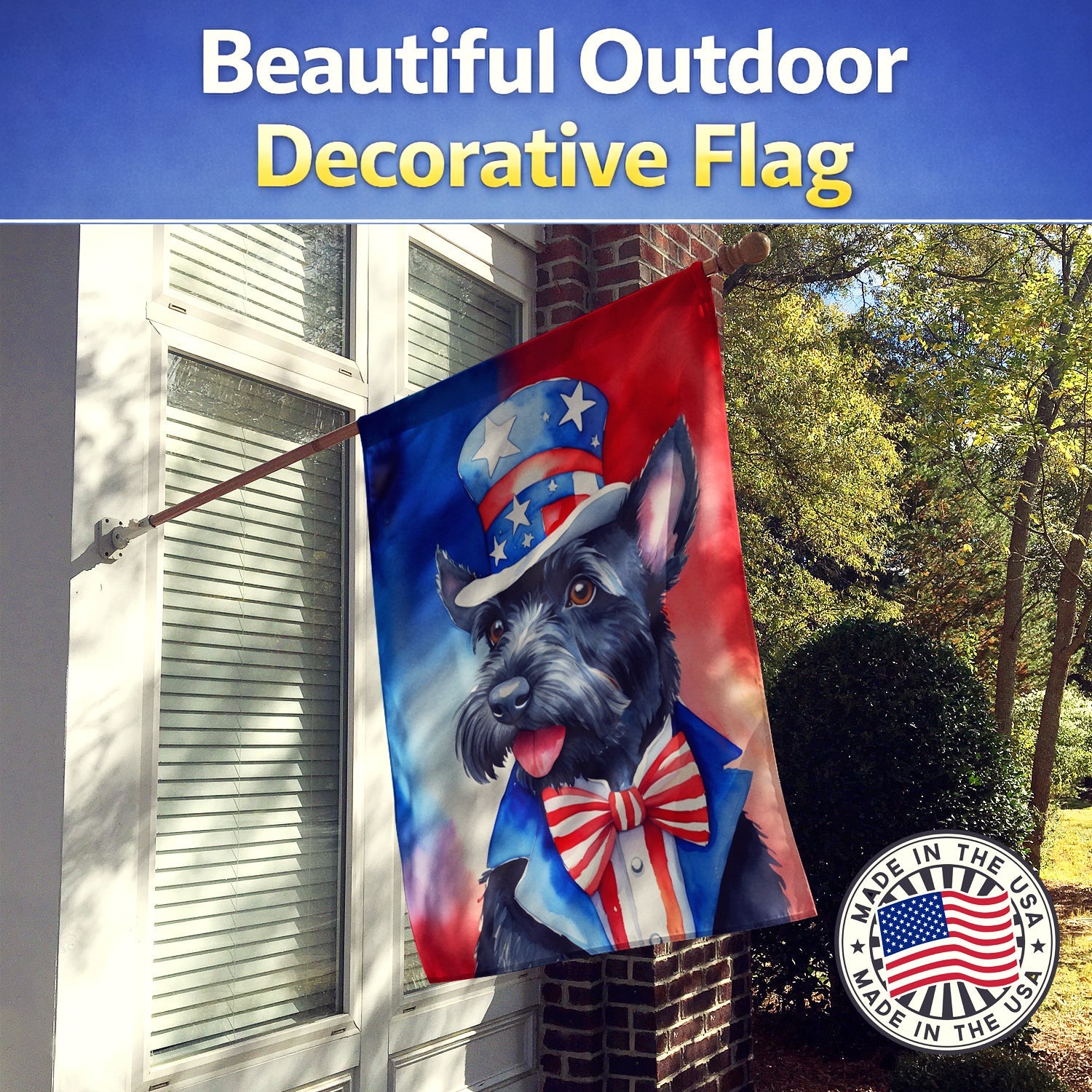 Scottish Terrier Patriotic American House Flag 28x40 Porch Sleeve Pole Decorative Outside Yard Banner Artwork Wall Hanging, Polyester
