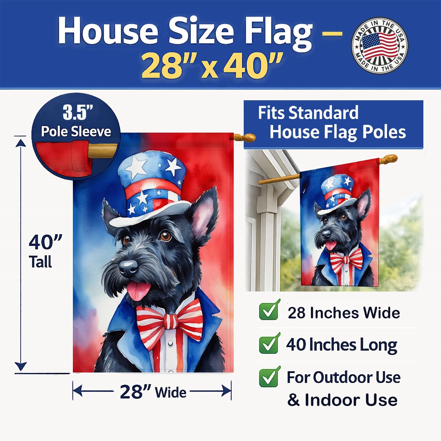 Scottish Terrier Patriotic American House Flag 28x40 Porch Sleeve Pole Decorative Outside Yard Banner Artwork Wall Hanging, Polyester