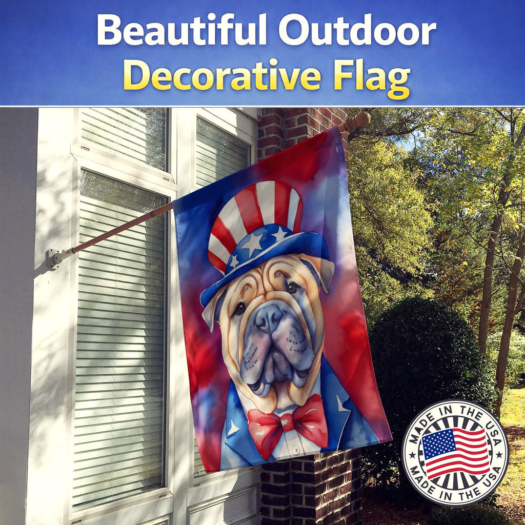 Shar Pei Patriotic American House Flag 28x40 Porch Sleeve Pole Decorative Outside Yard Banner Artwork Wall Hanging, Polyester