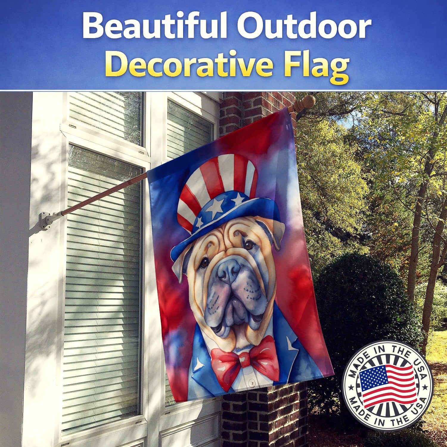 Shar Pei Patriotic American House Flag 28x40 Porch Sleeve Pole Decorative Outside Yard Banner Artwork Wall Hanging, Polyester
