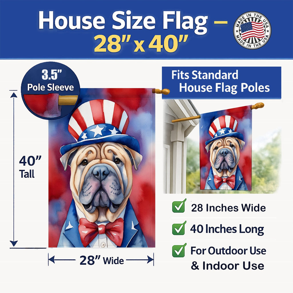 Shar Pei Patriotic American House Flag 28x40 Porch Sleeve Pole Decorative Outside Yard Banner Artwork Wall Hanging, Polyester